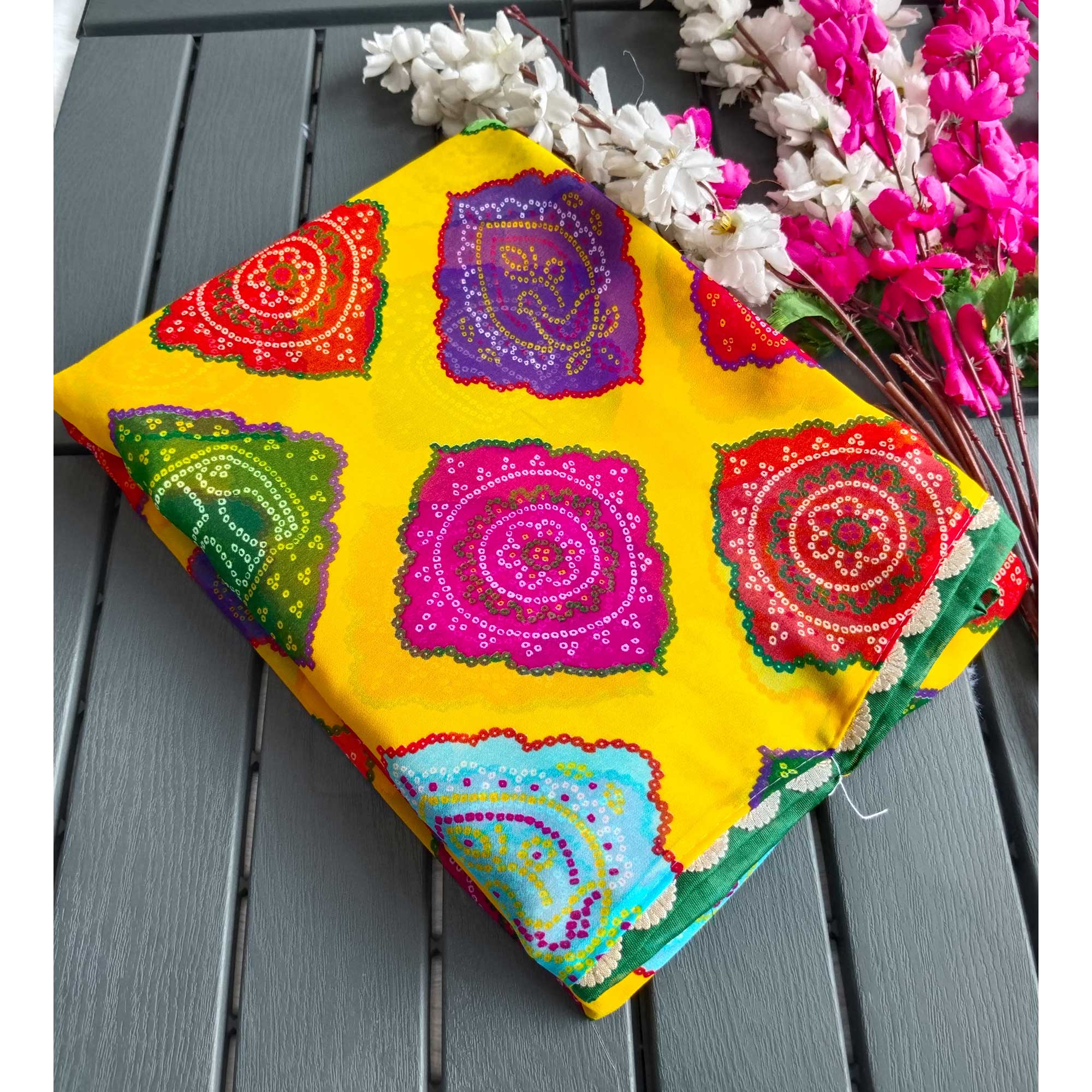 Yellow Georgette Saree with Traditional Bandhani Prints