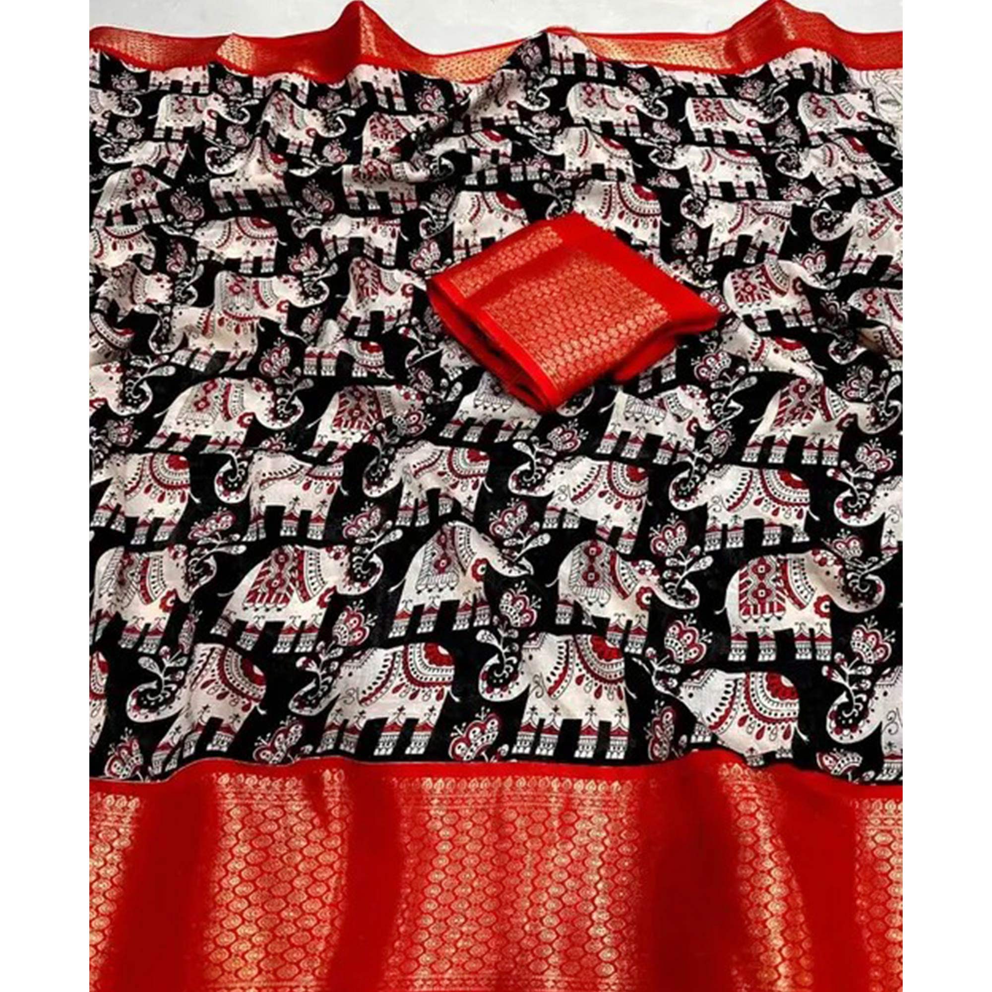 Black & Red Floral Printed Dola Silk Saree With Woven Border