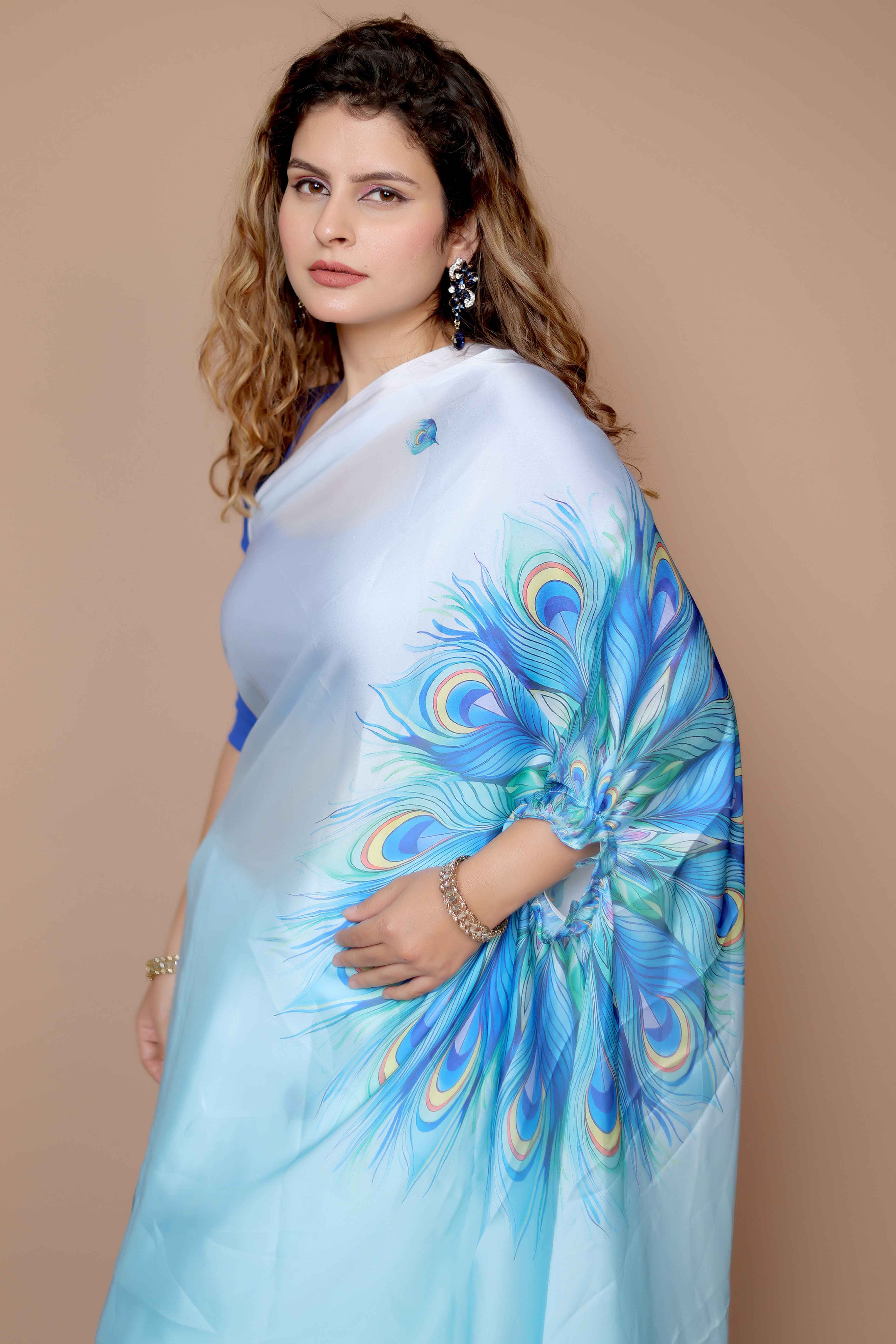 Blue & White Designer Freehand Ombre Saree In Satin Georgette With Striking Digital Print