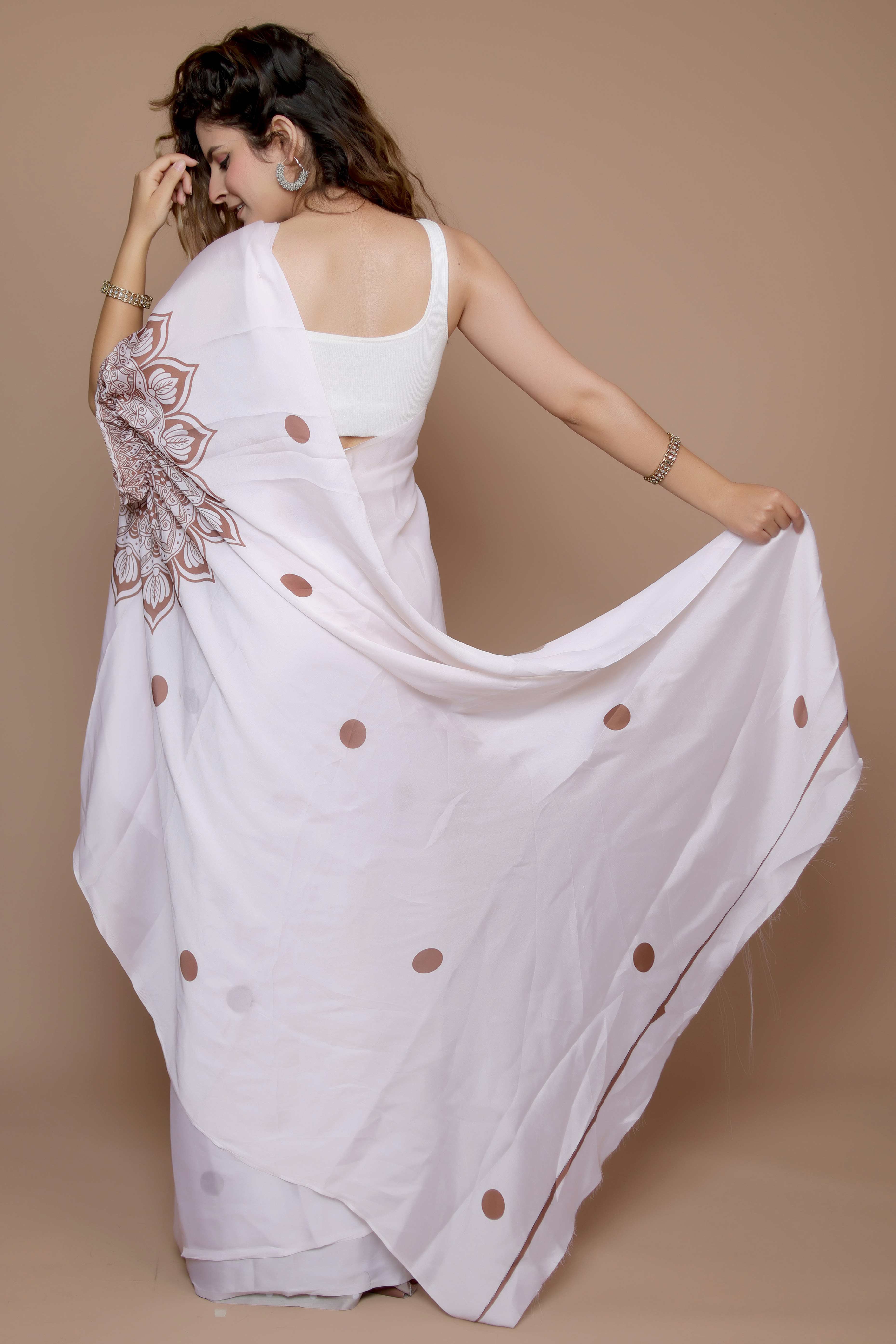 Cream Designer Freehand Saree In Satin Georgette With Striking Digital Print