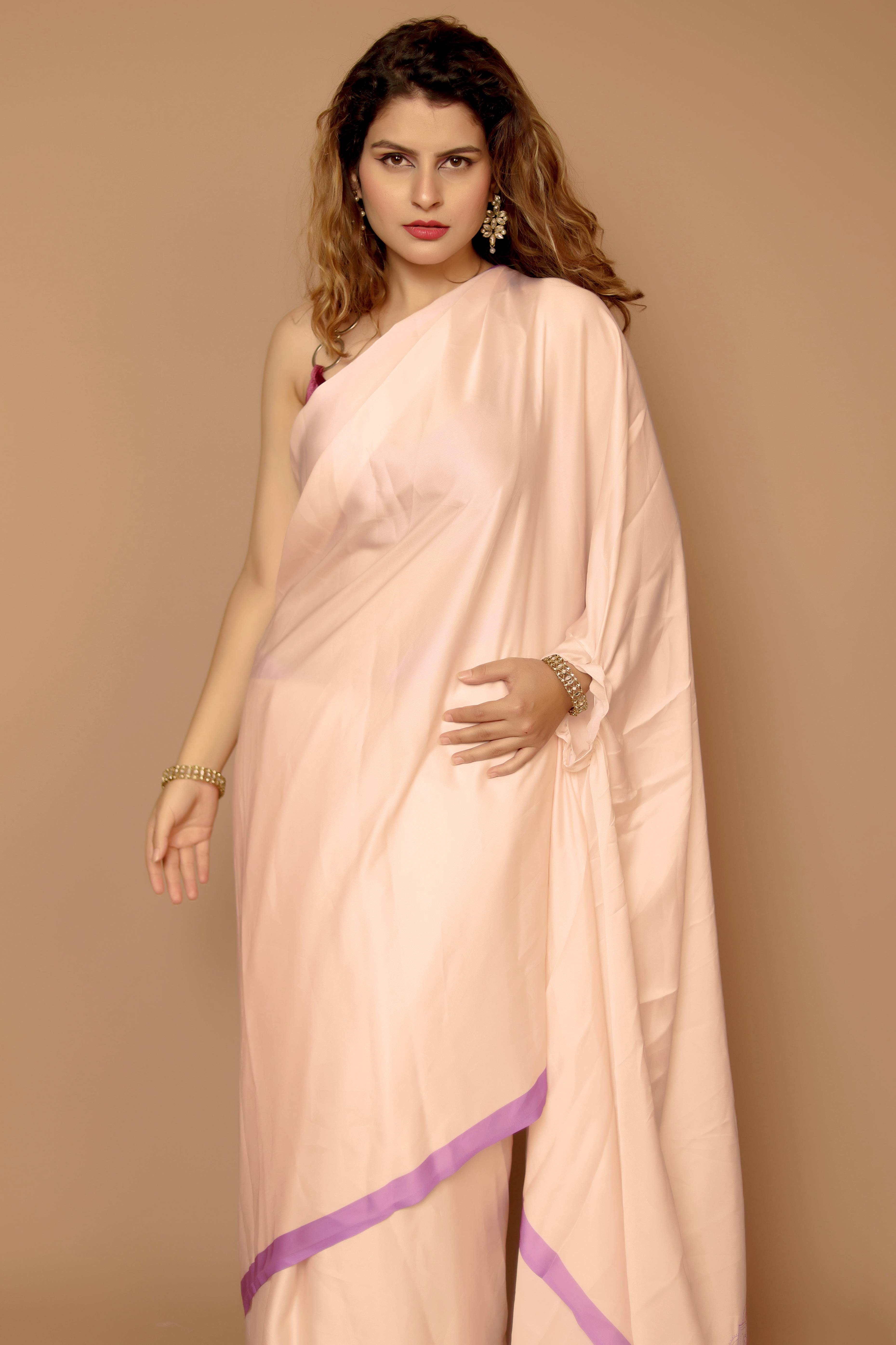 Peach Designer Freehand Saree In Satin Georgette With Striking Digital Print