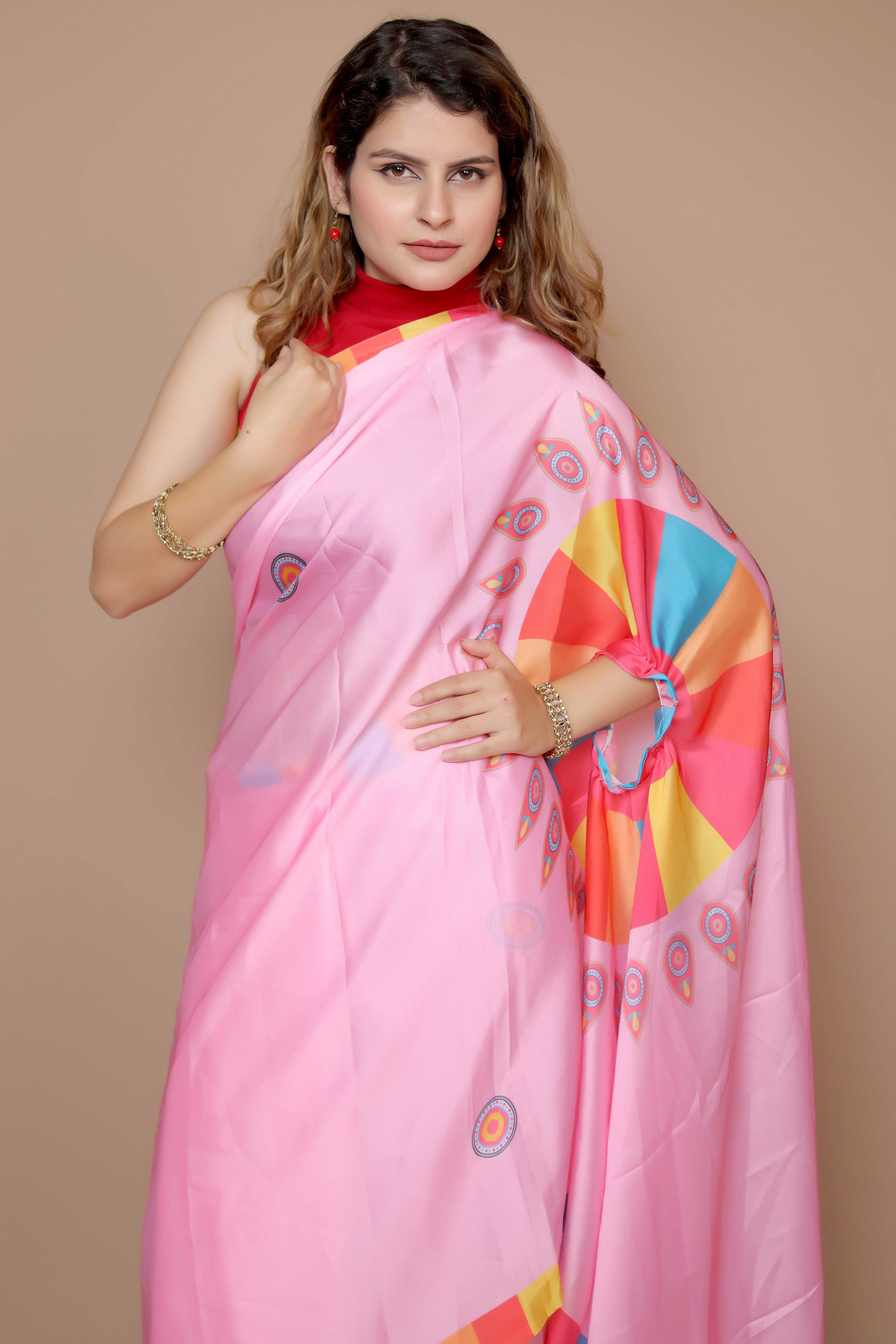 Pink Designer Freehand Saree In Satin Georgette With Striking Digital Print