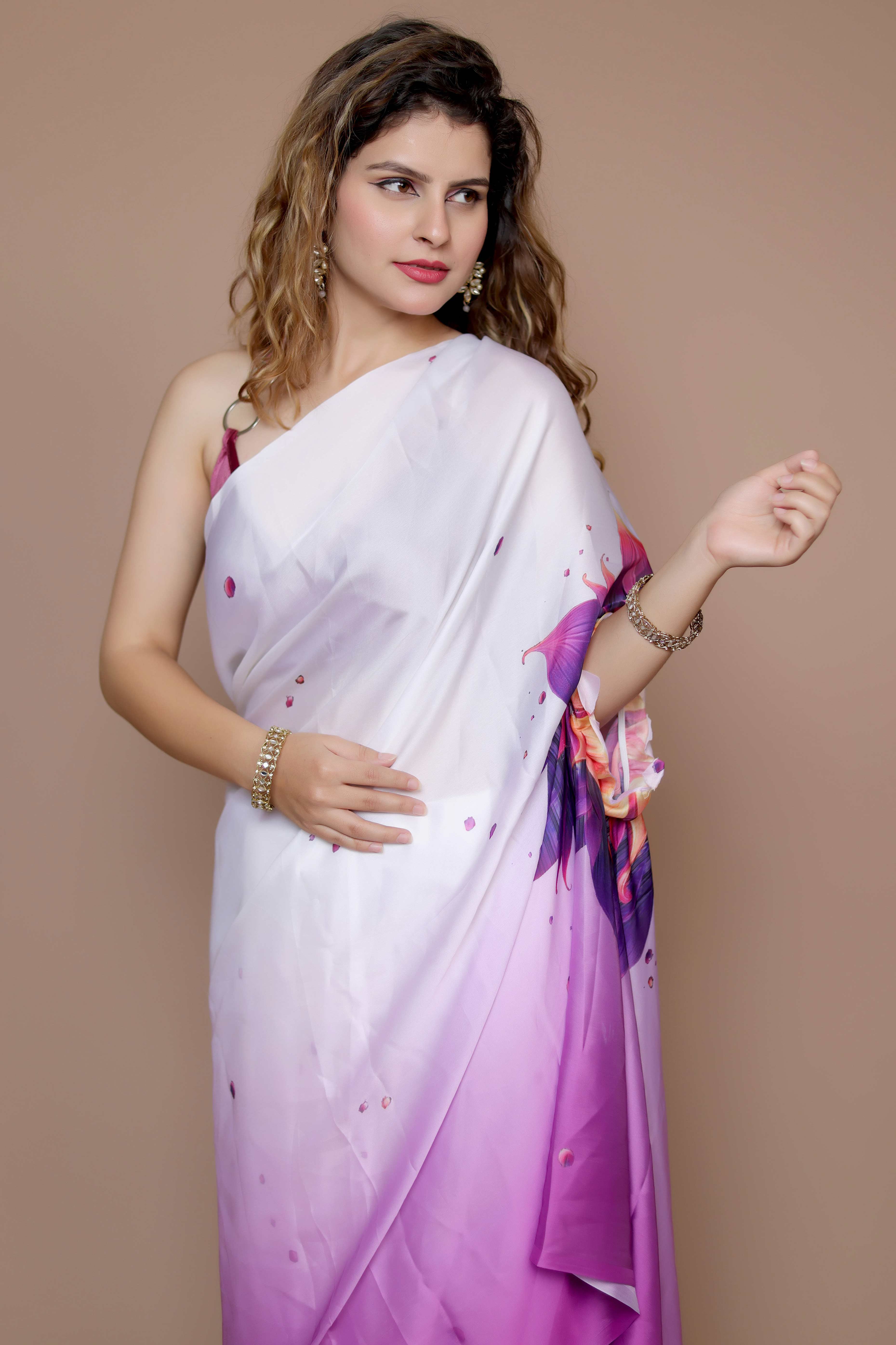 Purple & White Designer Freehand Ombre Saree In Satin Georgette With Striking Digital Print