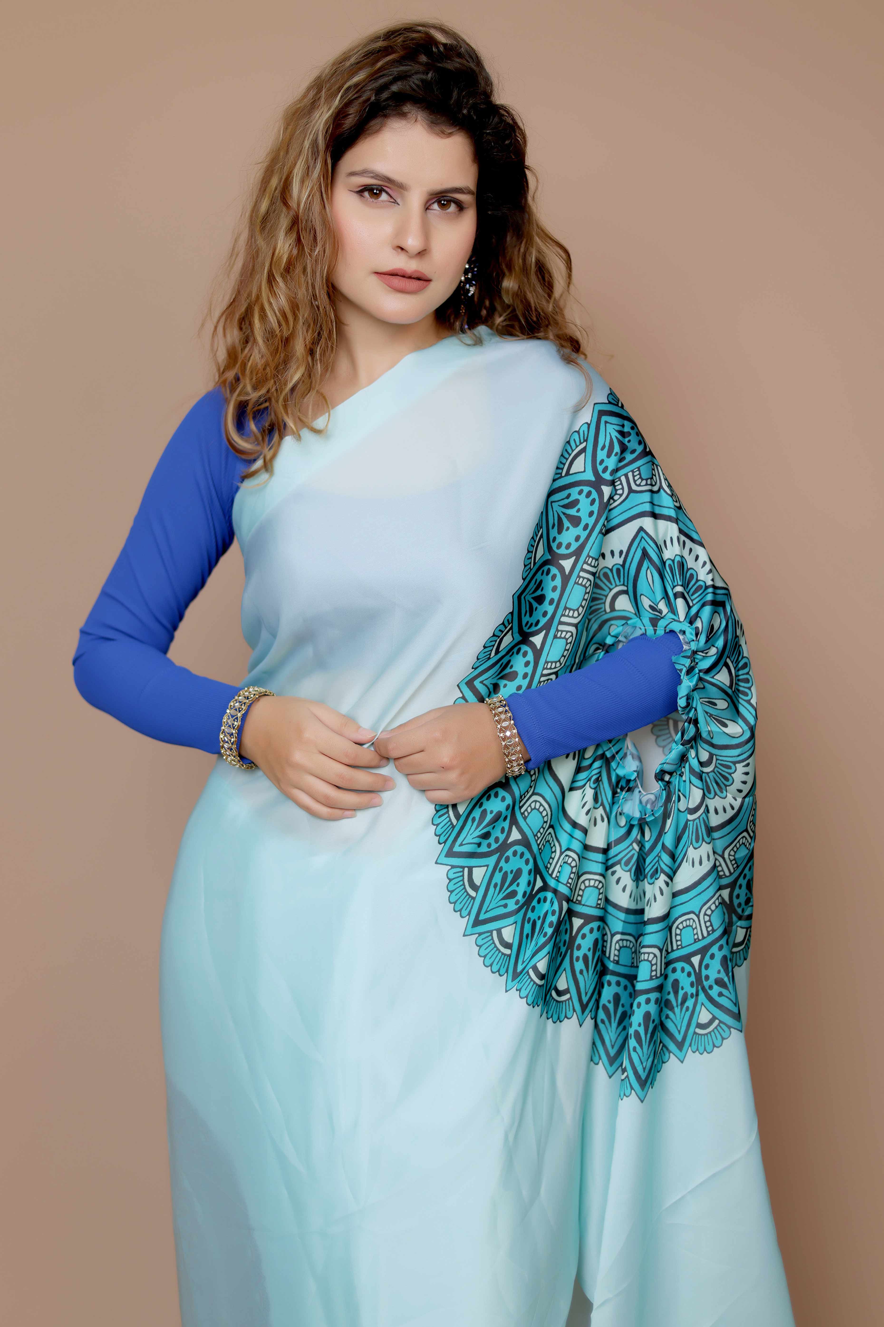 Turquoise Designer Freehand Saree In Satin Georgette With Striking Digital Print
