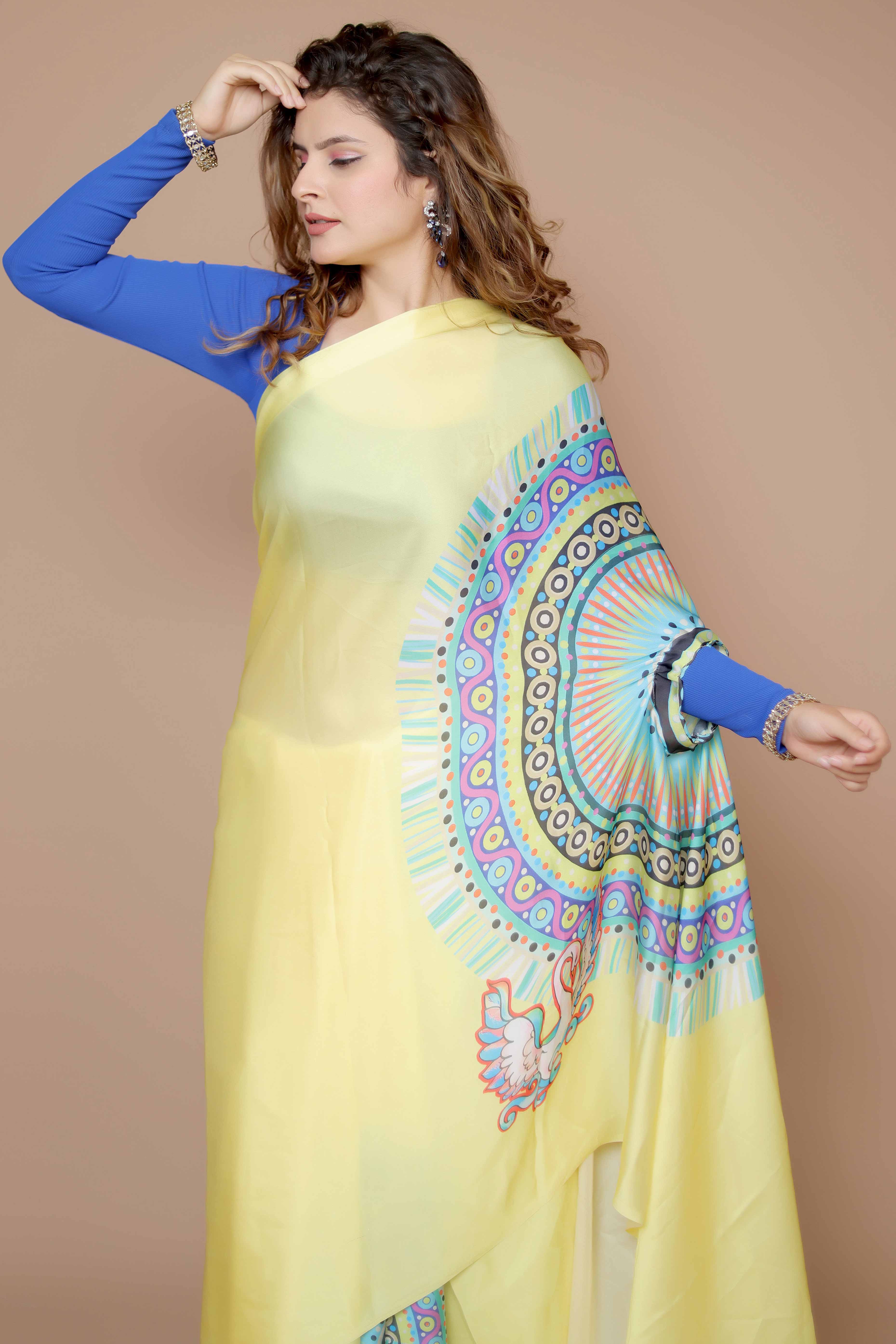 Yellow Designer Freehand Saree In Satin Georgette With Striking Digital Print