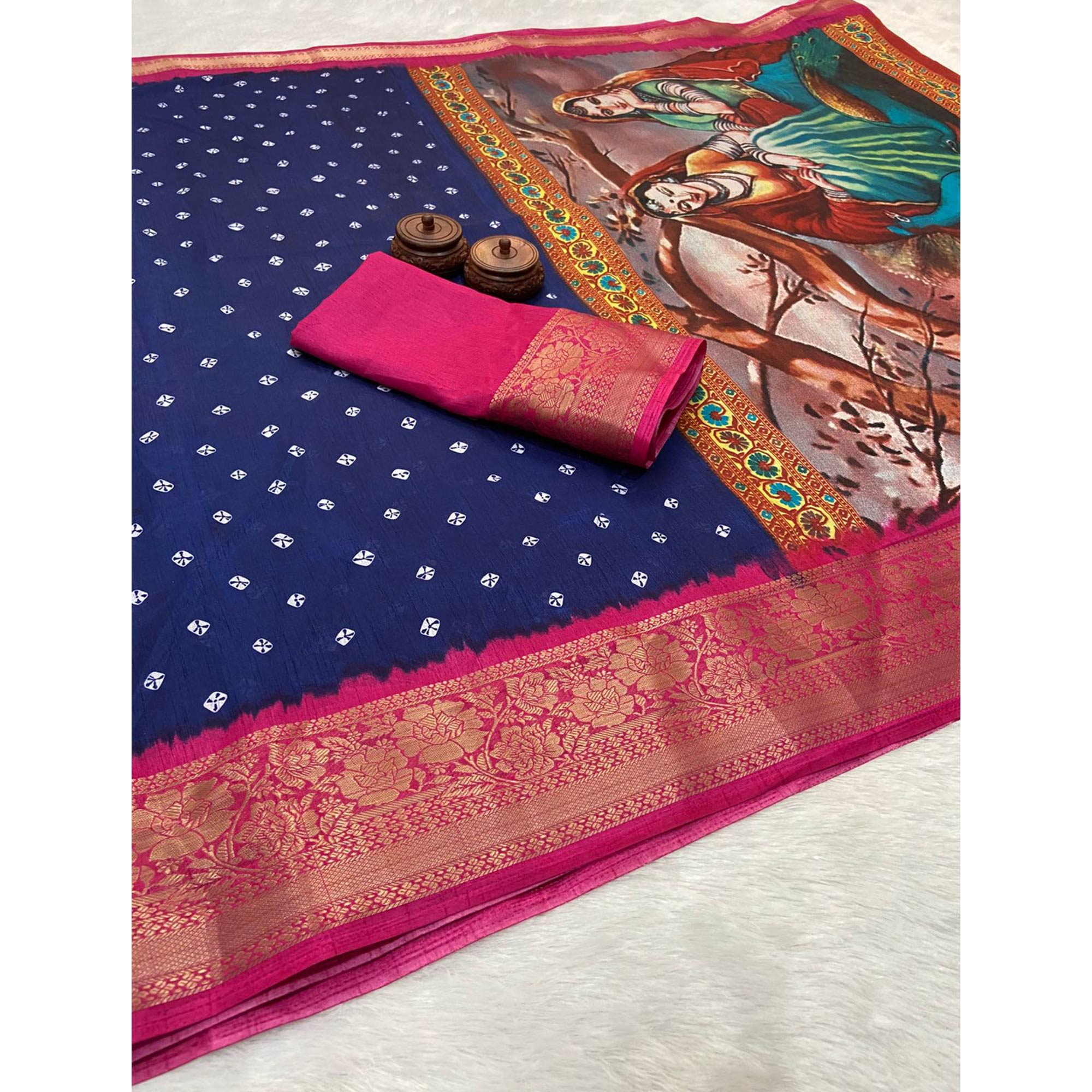 Blue Bandhani Printed Weaving Dola Silk Saree