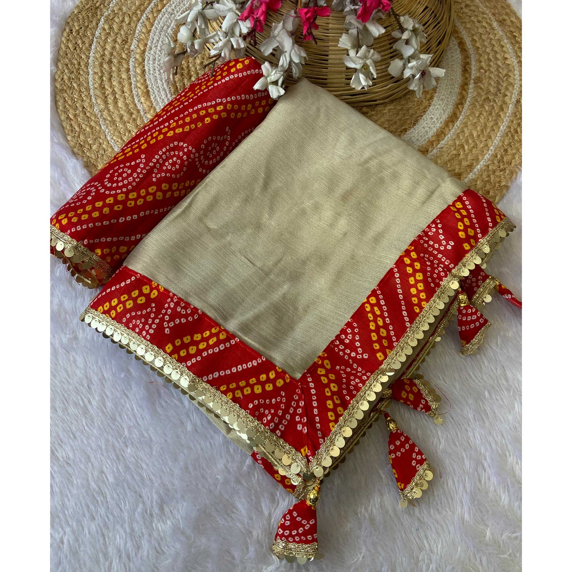 Beige & Red Moss Chiffon Saree Featuring a Traditional Bandhani Print Border