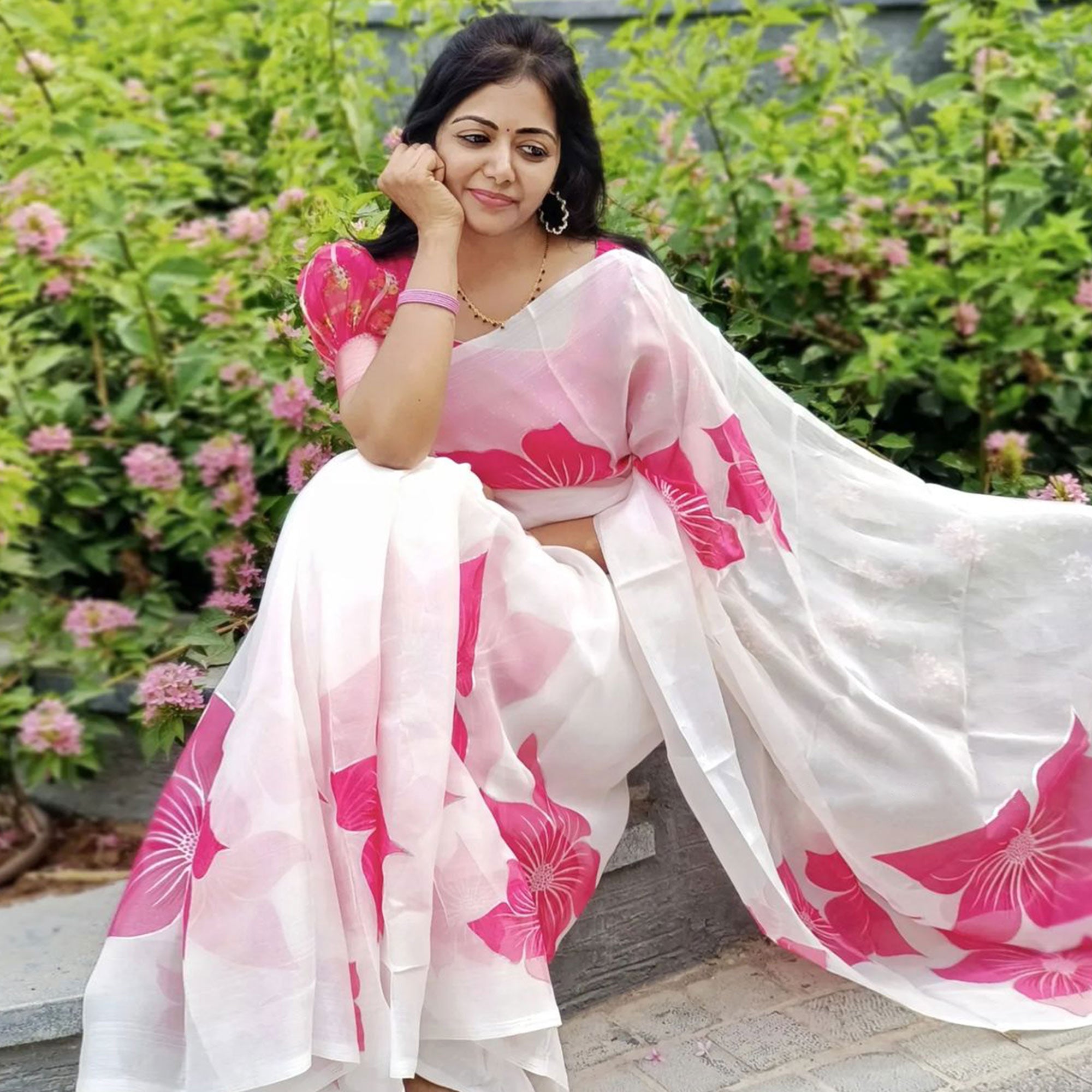 White & Pink Floral Foil Printed Organza Saree