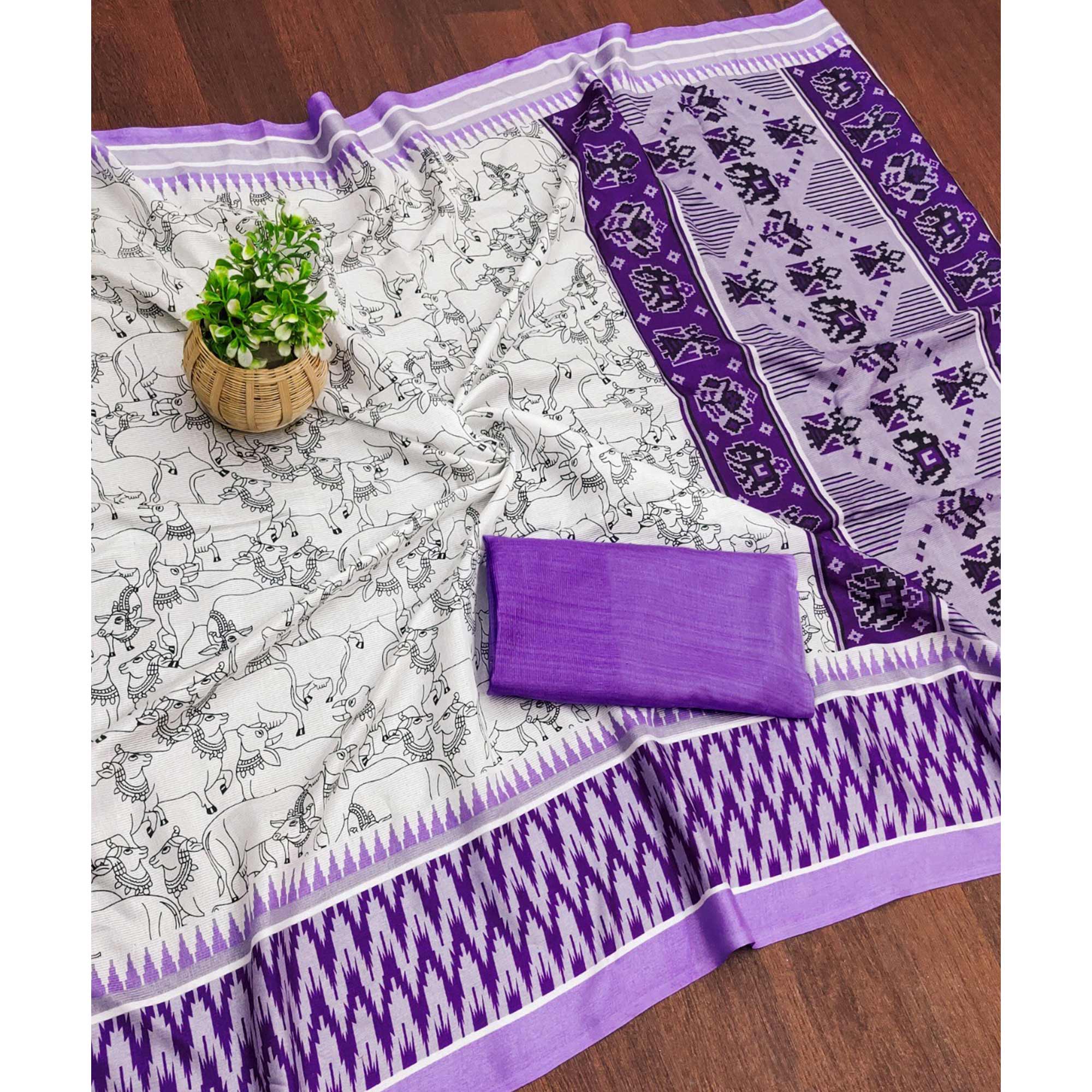 White & Purple Kalamkari Printed Pure Cotton Saree