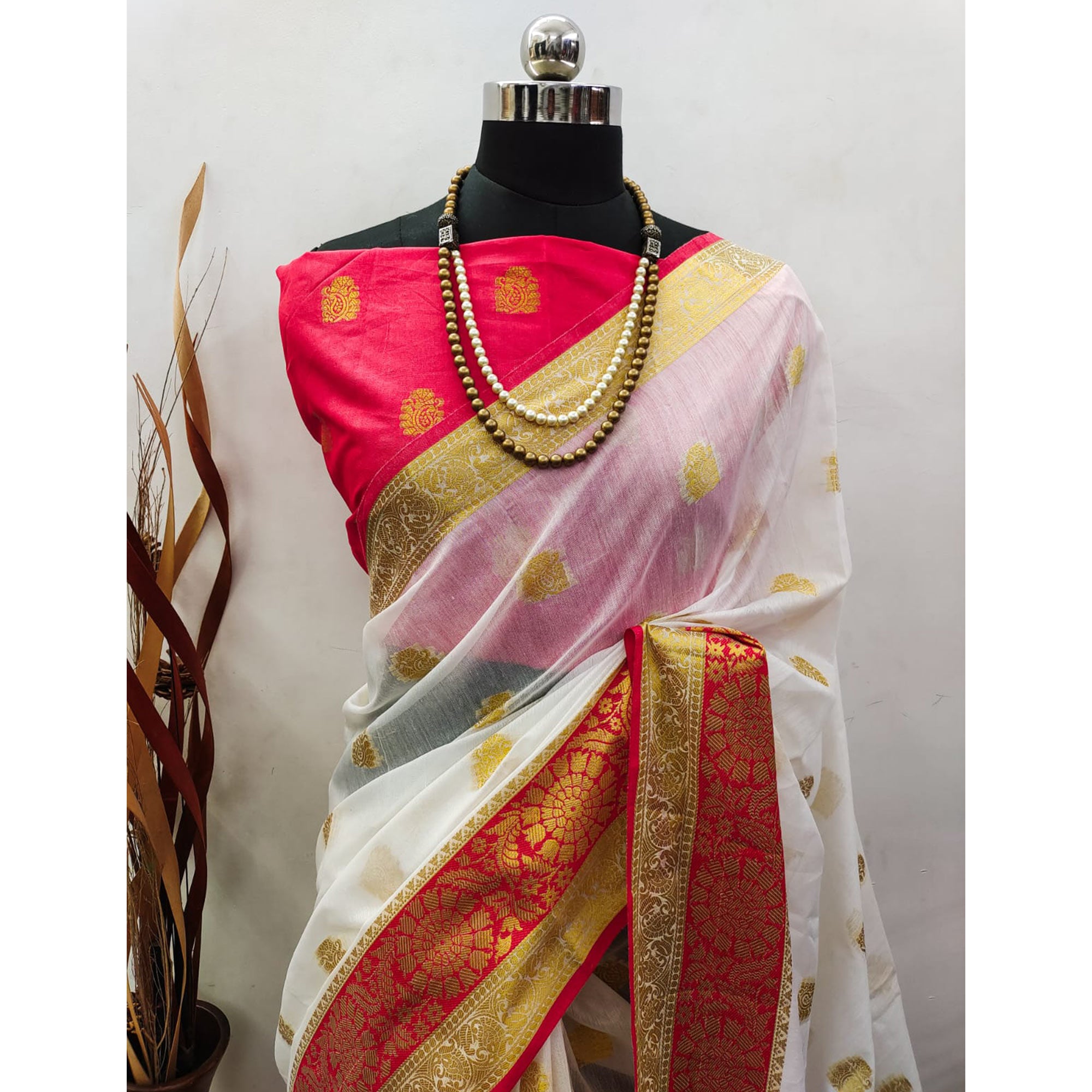 White & Red Woven Jacquard Saree With Tassels