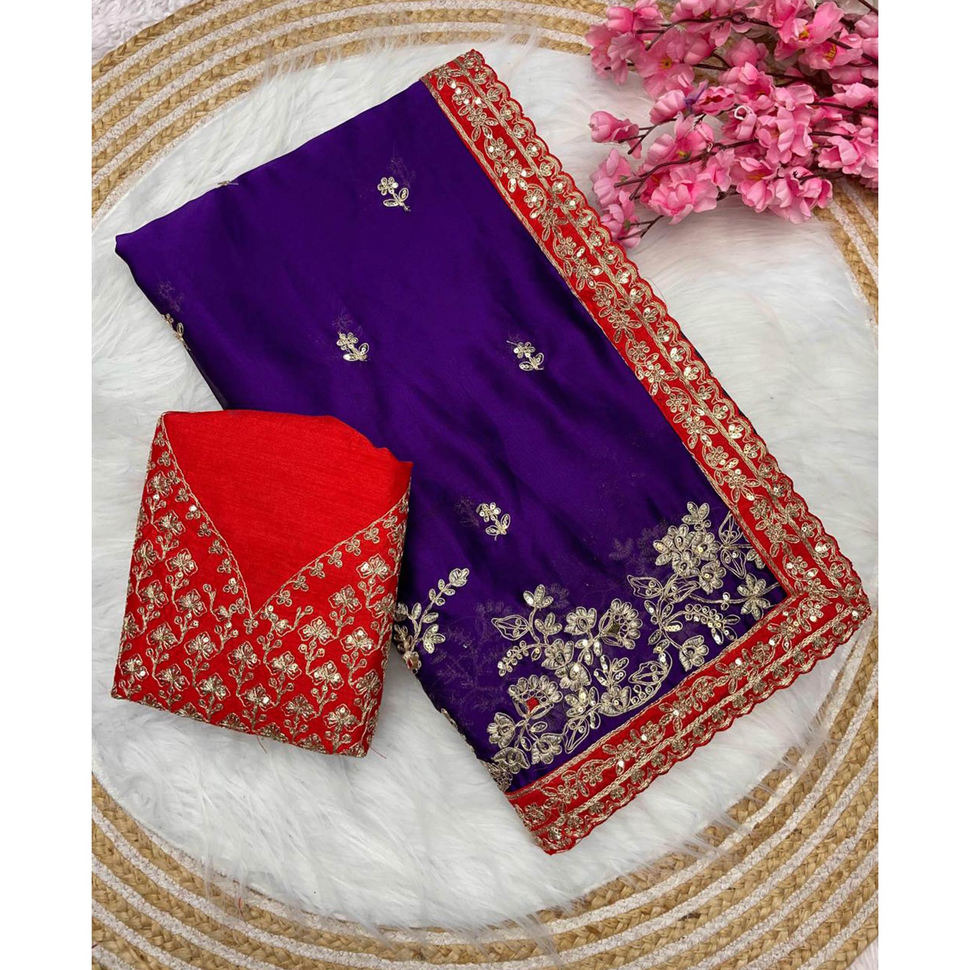 Designer Violet Embroidered Satin Saree with Fine Thread Detailing