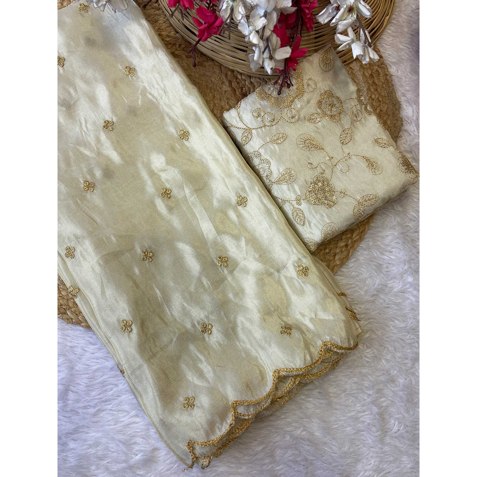 Lightweight Tissue Saree in Cream with Elegant Thread Embroidery