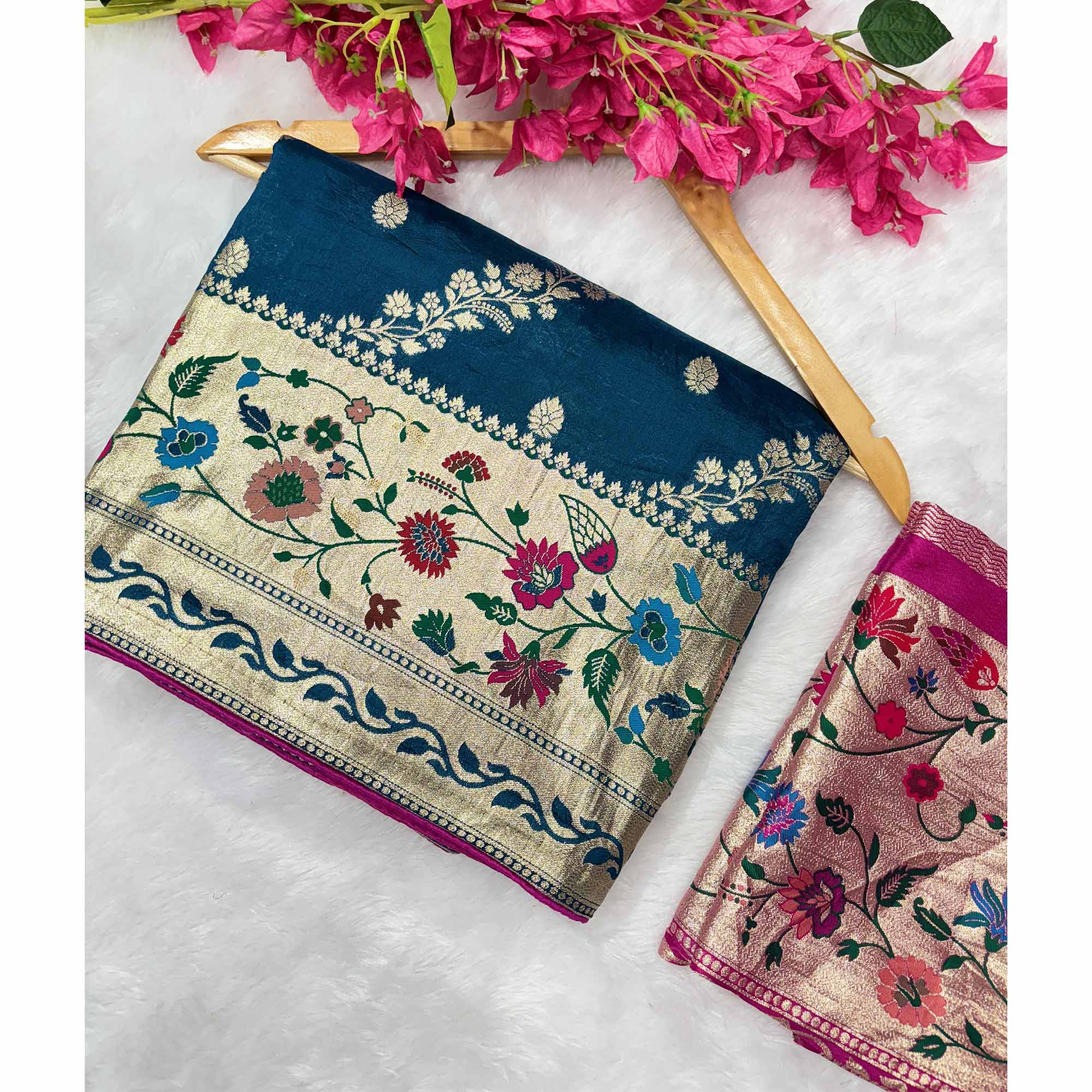 Blue Dola Silk Saree With Rich Floral Zari Weaving & Classic Elegance