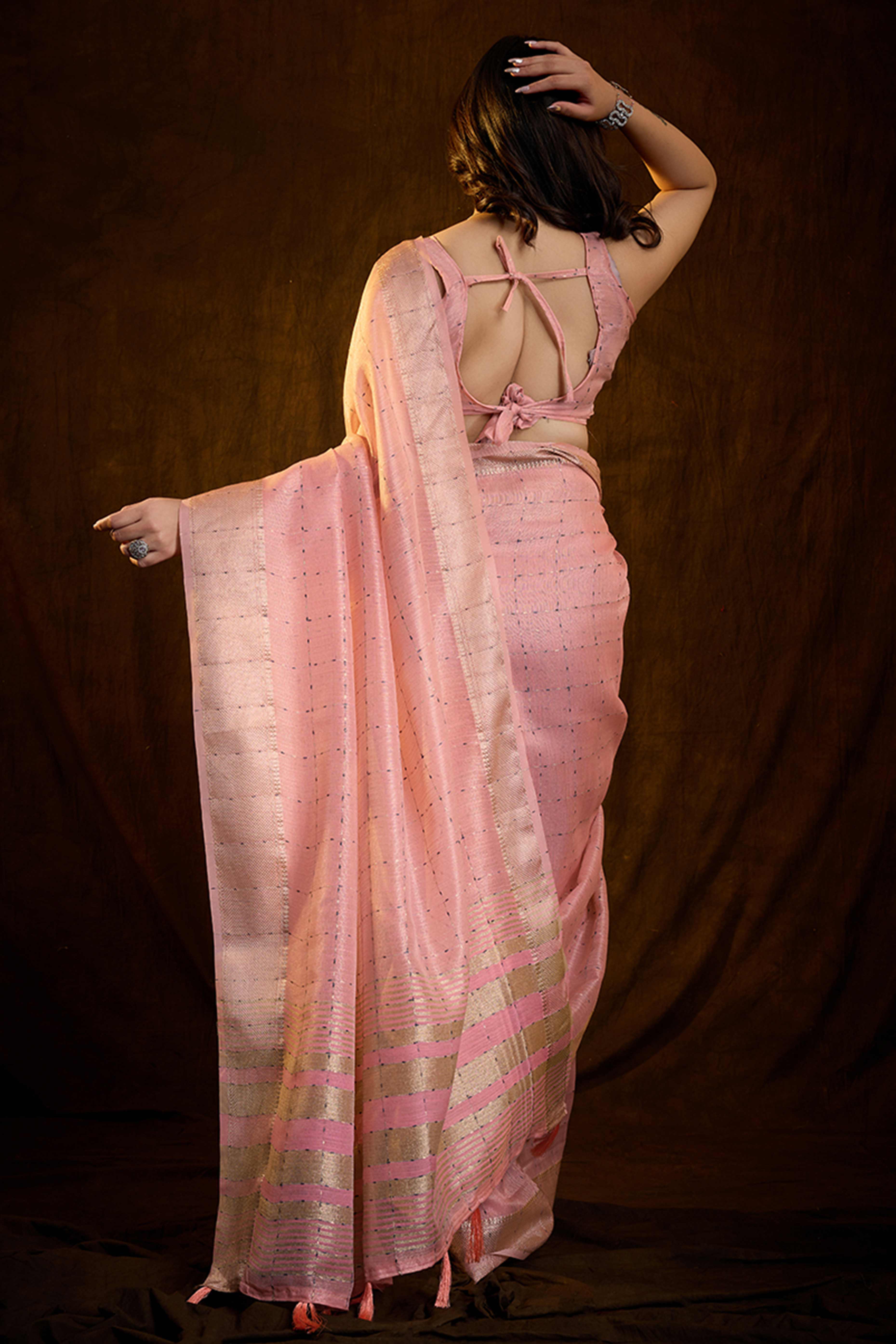 Blush Pink Cotton Silk Saree with Rich Zari Weaving in Checkered Style
