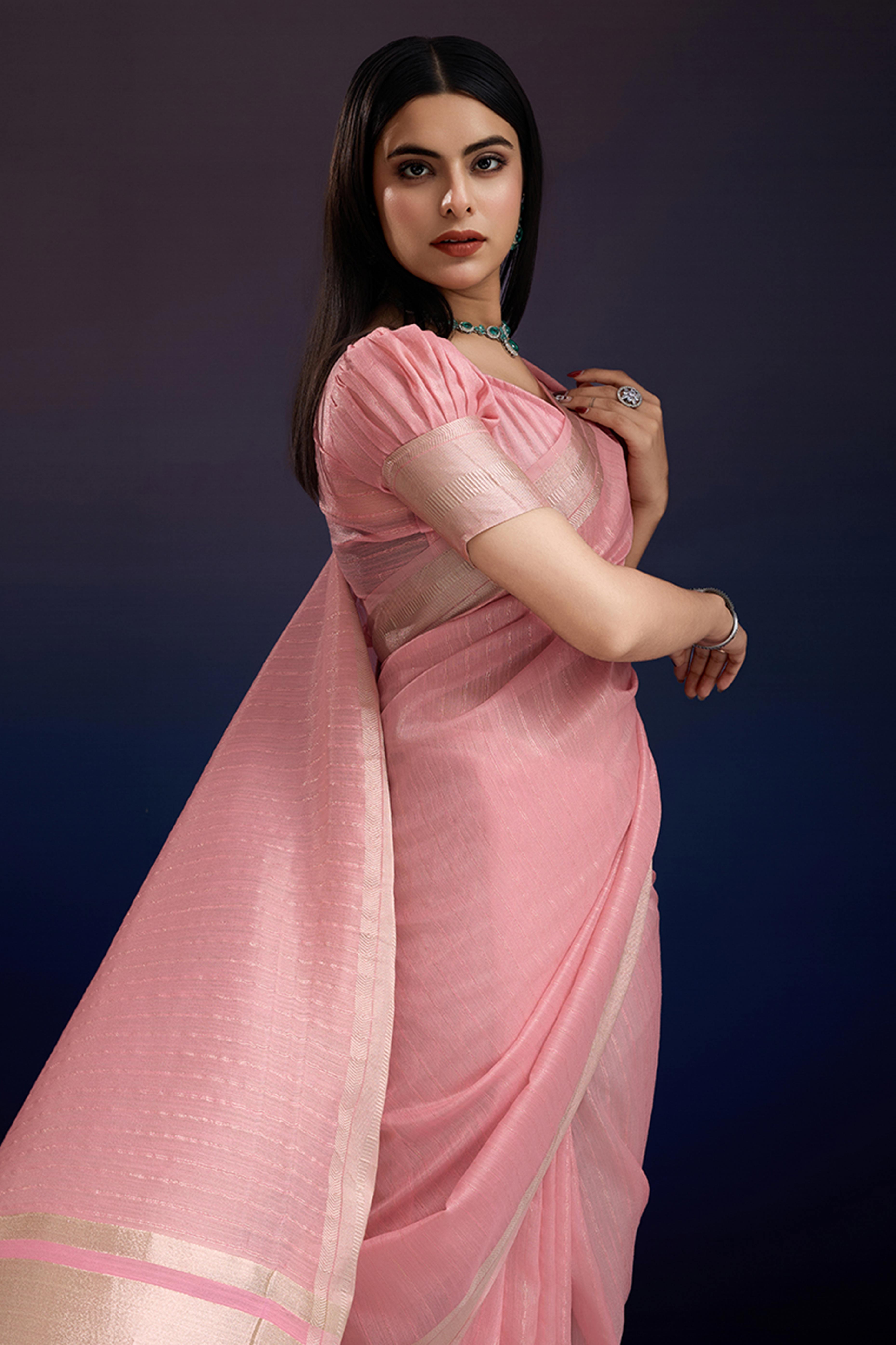 Festive Wear Pink Zari Woven Saree in Pure Linen Fabric