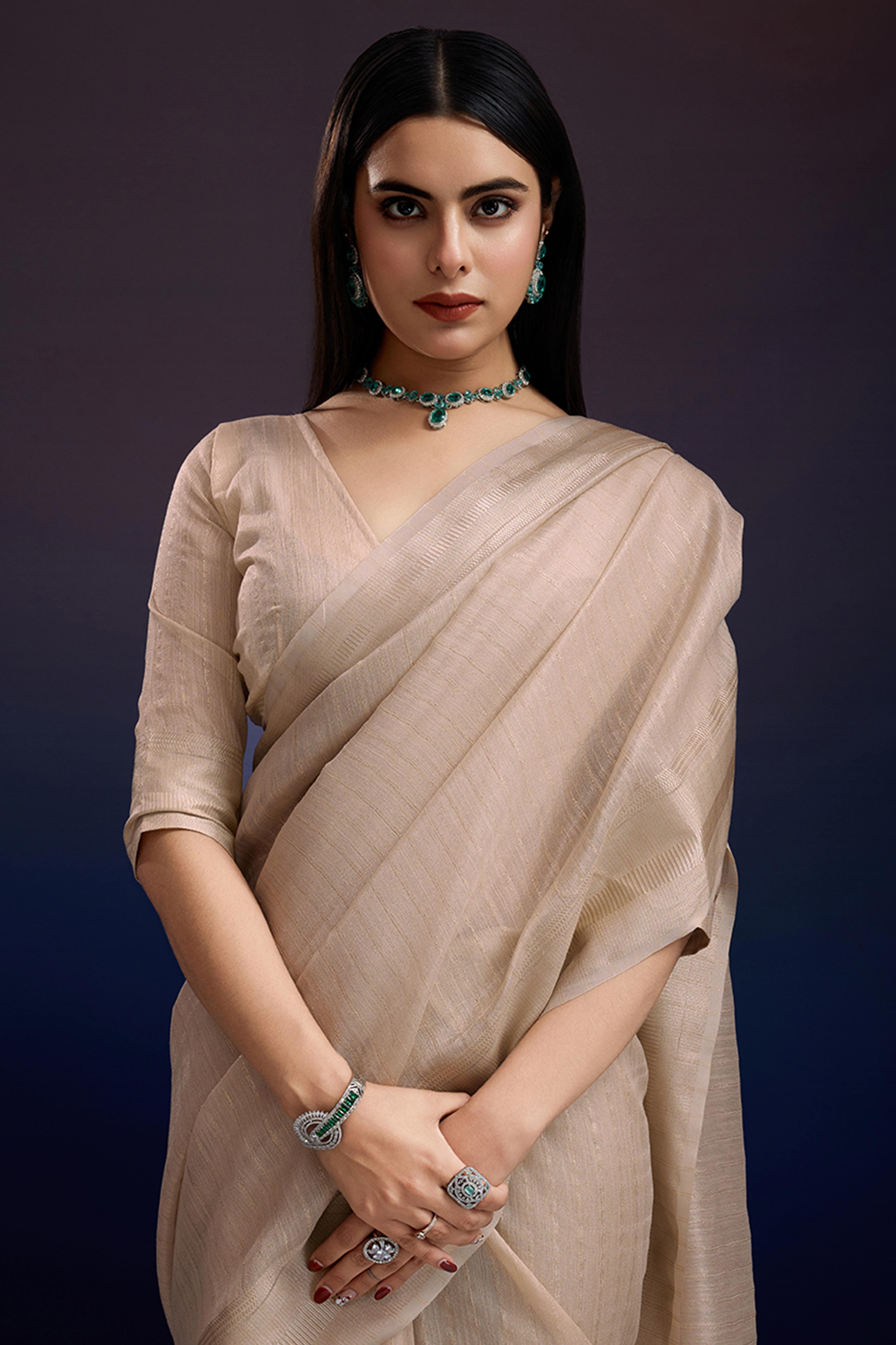Festive Wear Beige Zari Woven Saree in Pure Linen Fabric