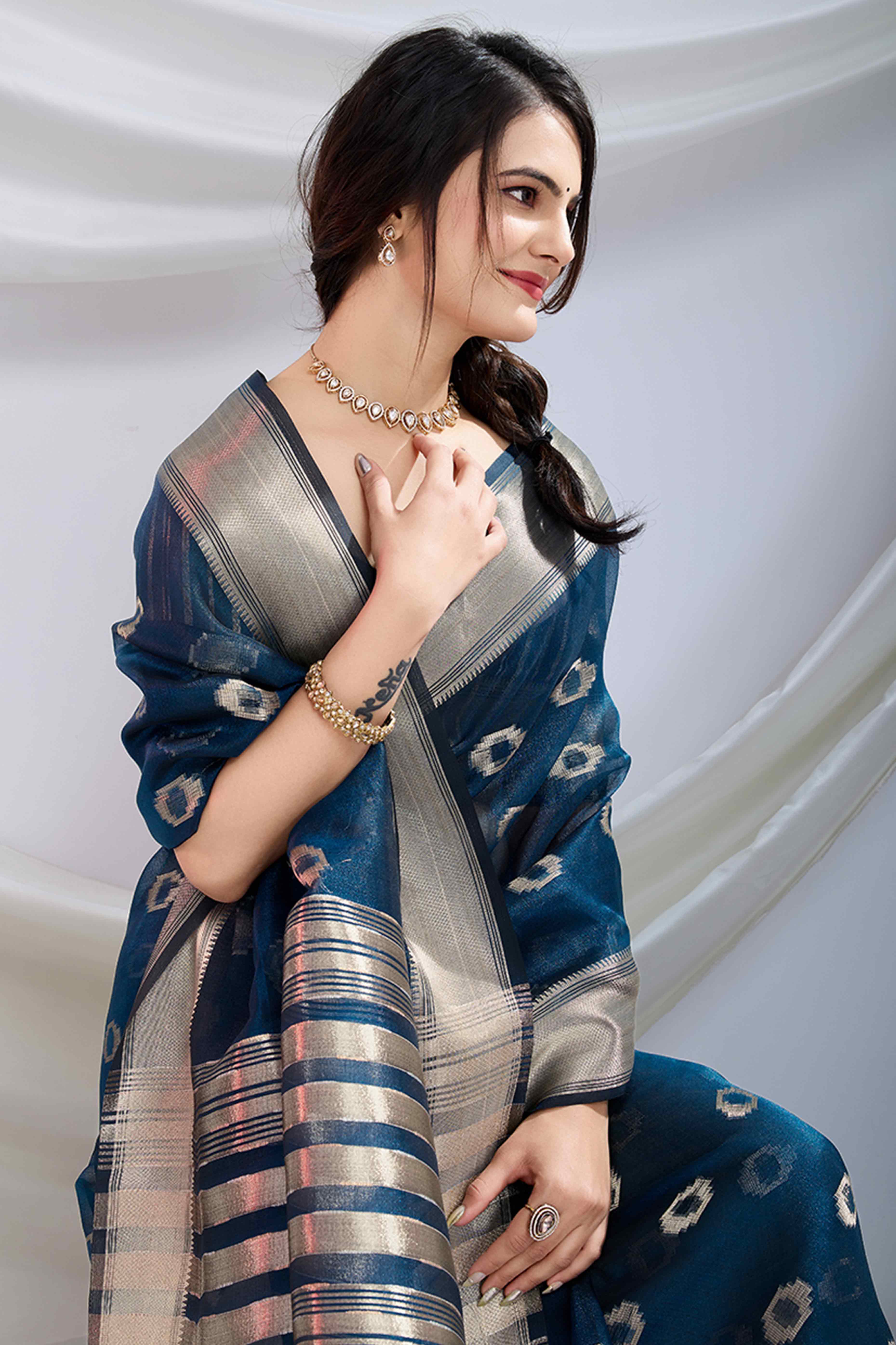 Navy Blue Zari Butti Saree in Lightweight Tissue Fabric