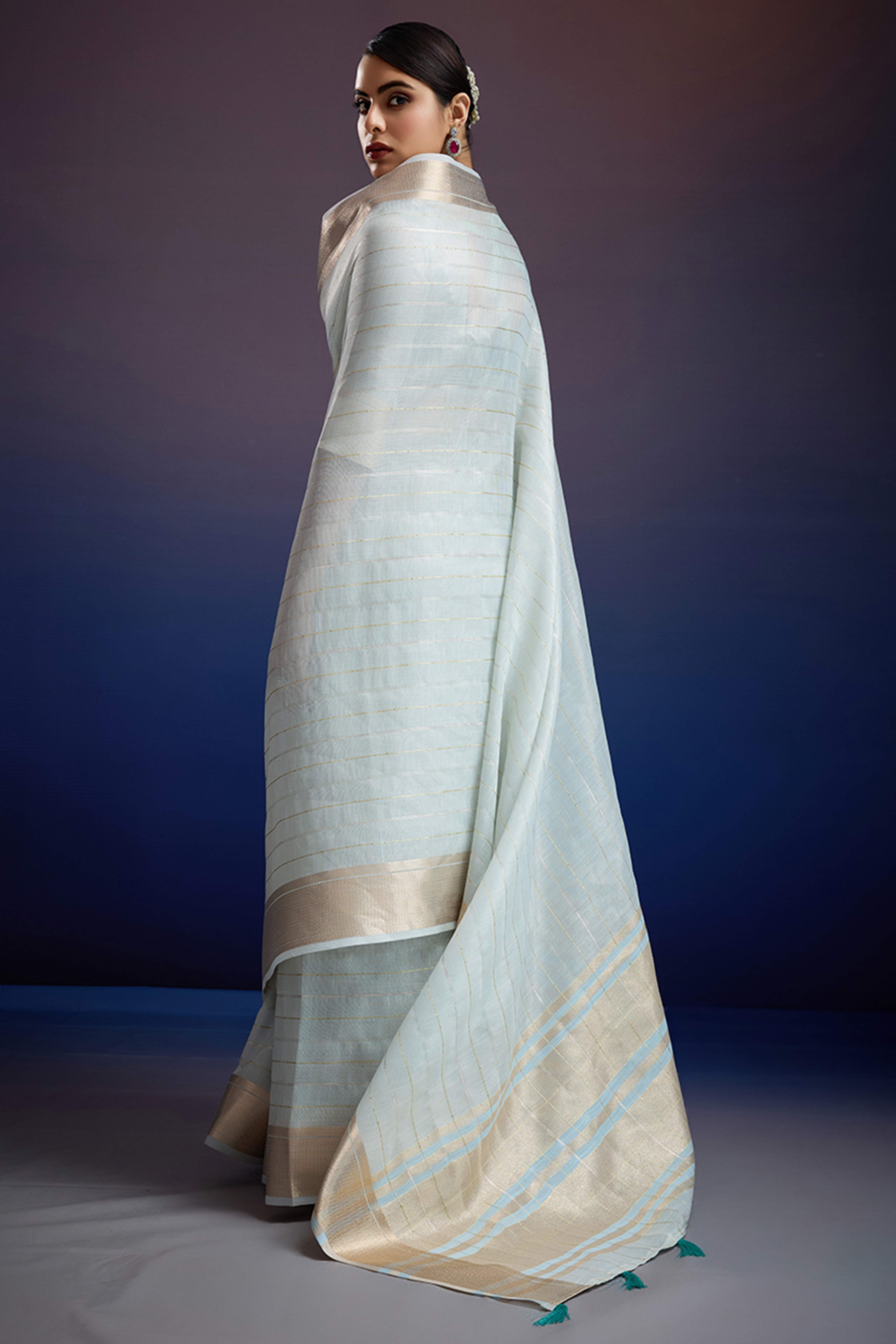 Pastel Blue Pure Linen Saree with Gold Toned Zari Weave