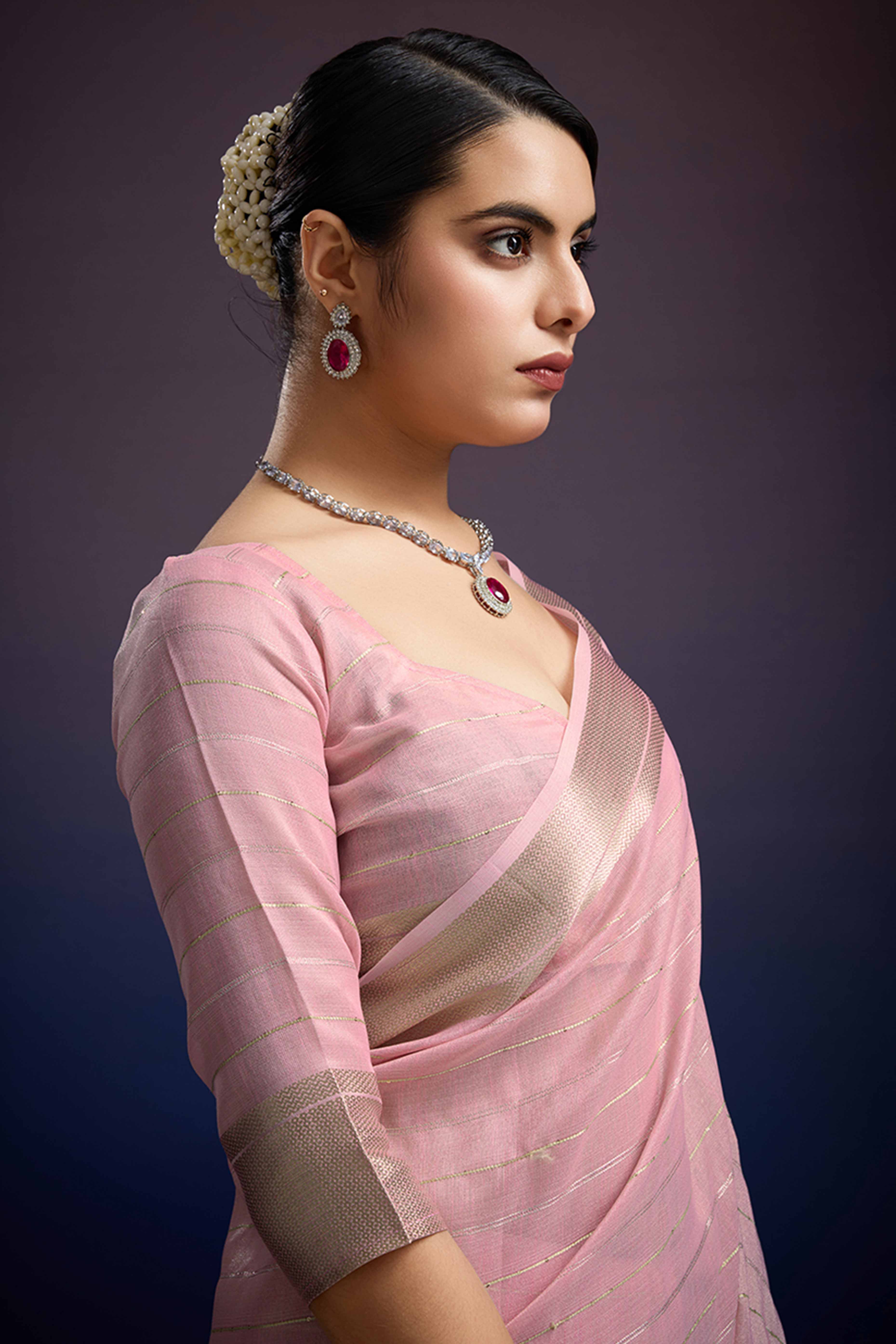 Soft Pink Pure Linen Saree with Gold Toned Zari Weave