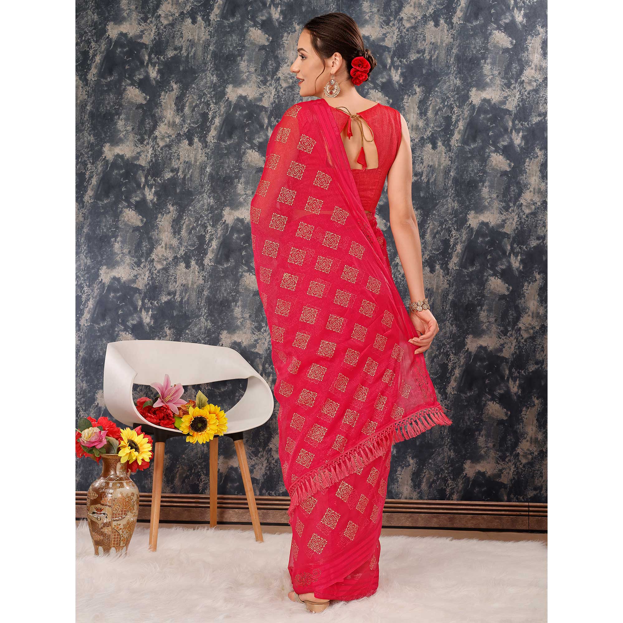 Pink Foil Printed Chiffon Saree With Tassels