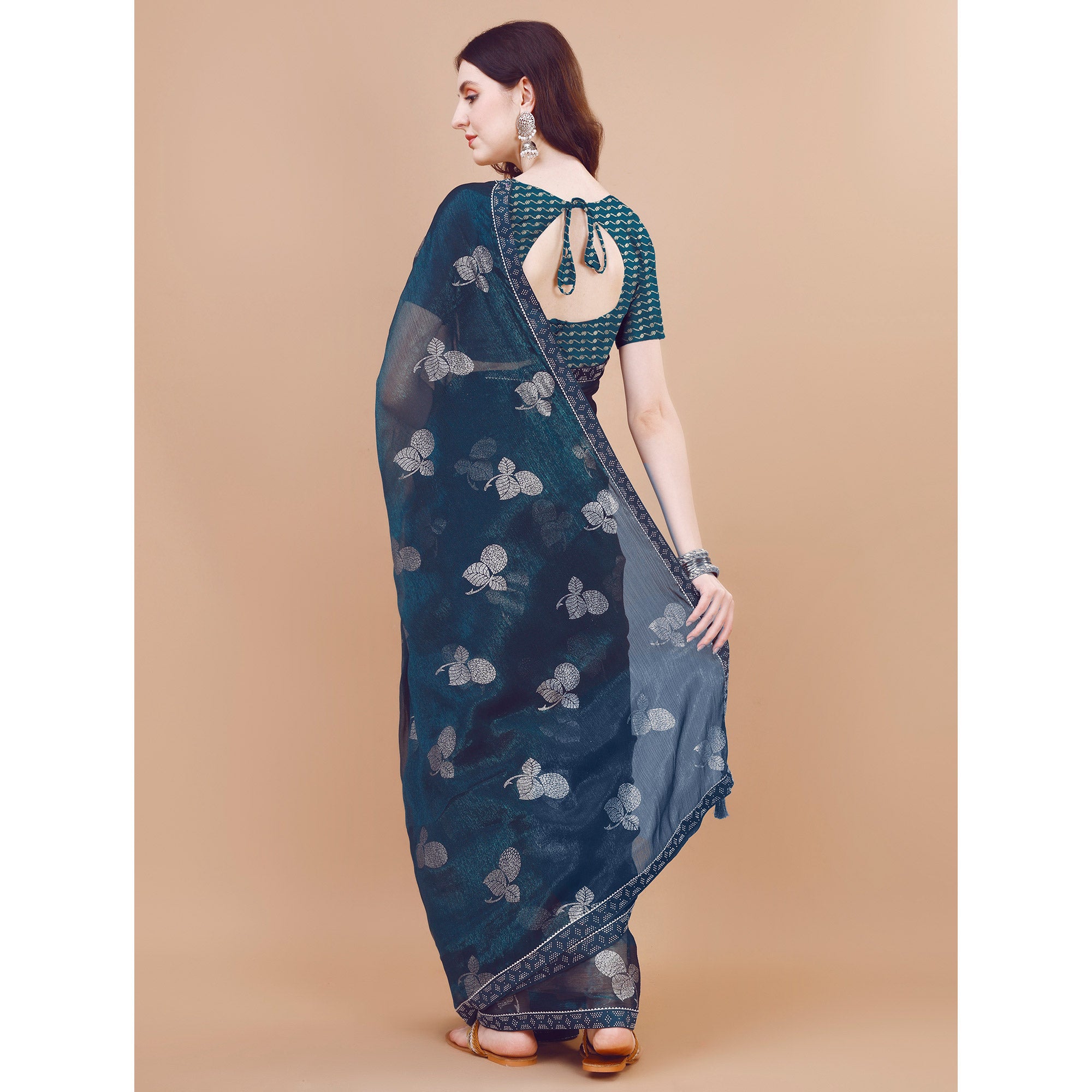 Dark Blue Floral Foil Printed Chiffon Saree