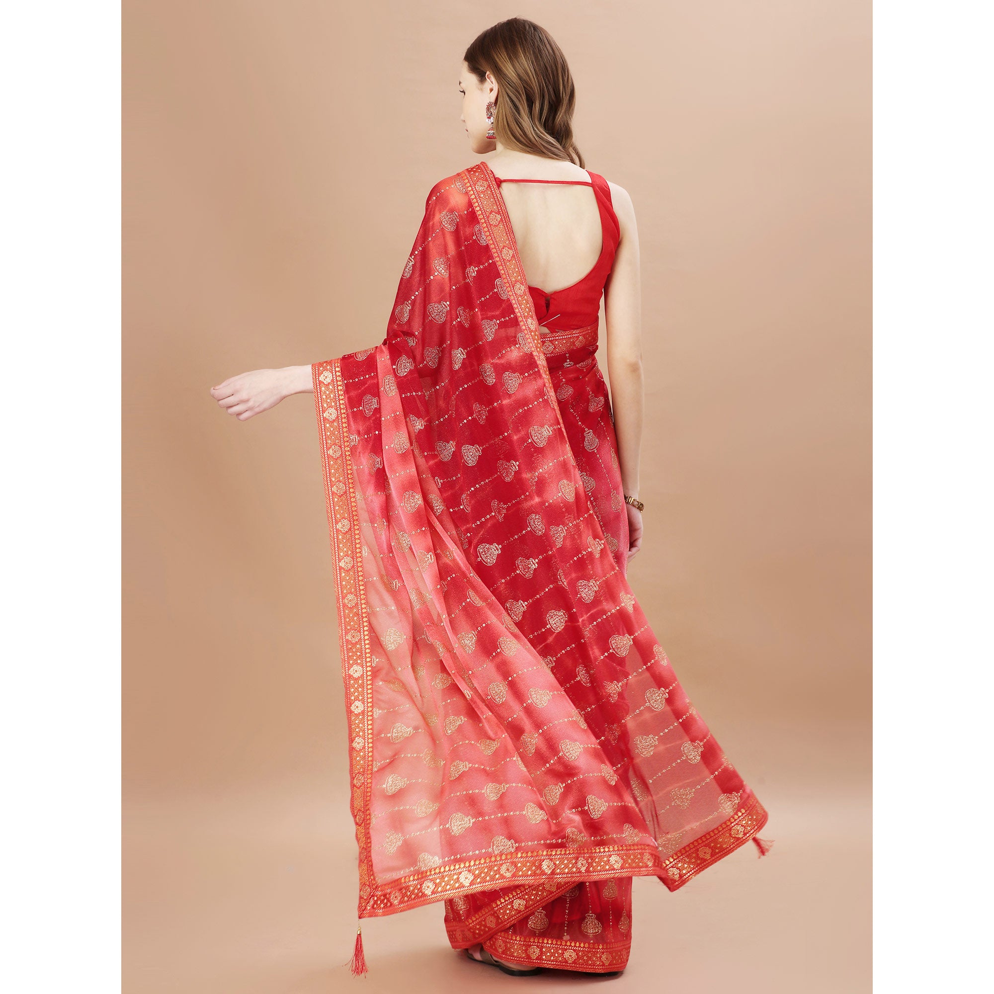 Red Foil Printed Lycra Saree With Lace Border