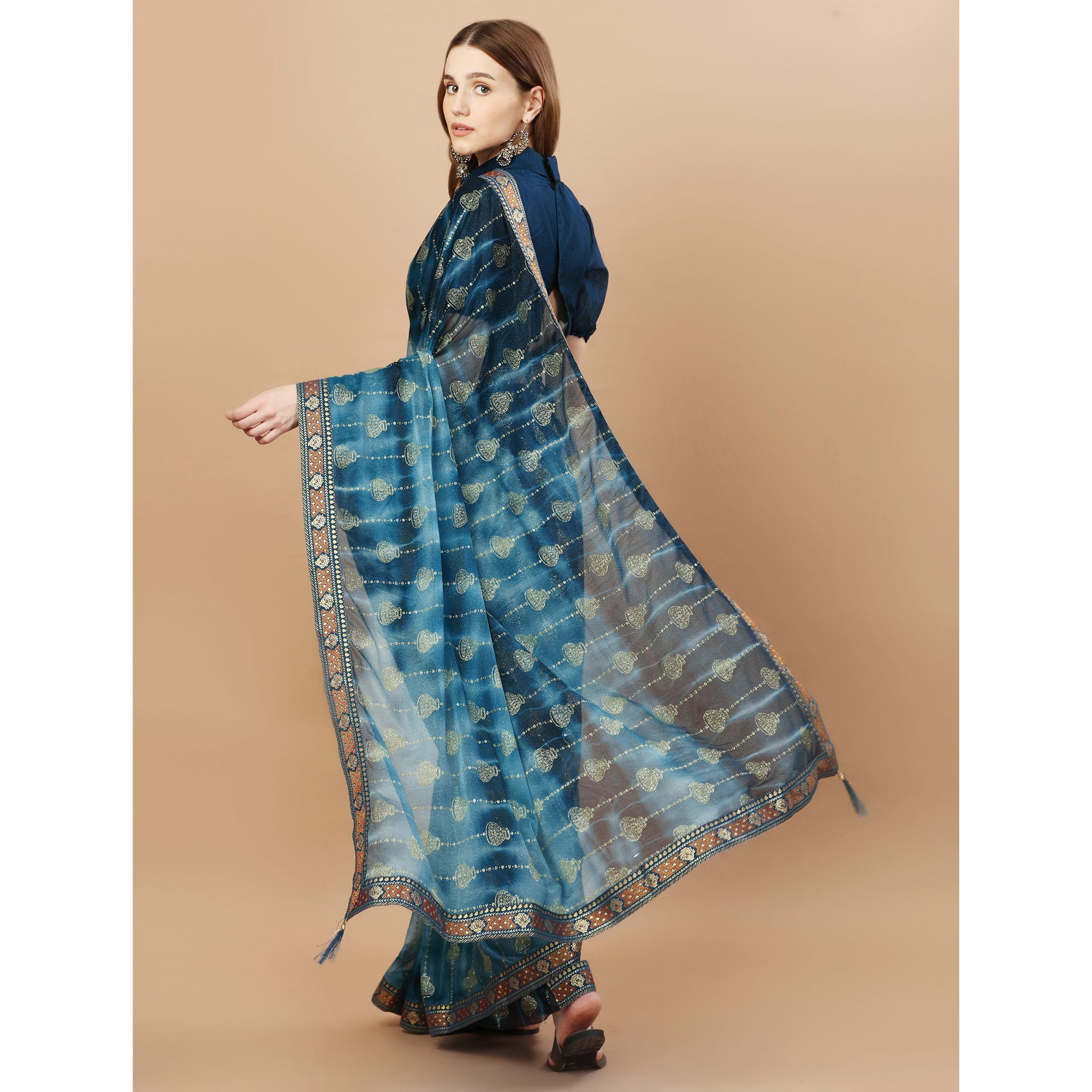 Blue Foil Printed Lycra Saree With Lace Border
