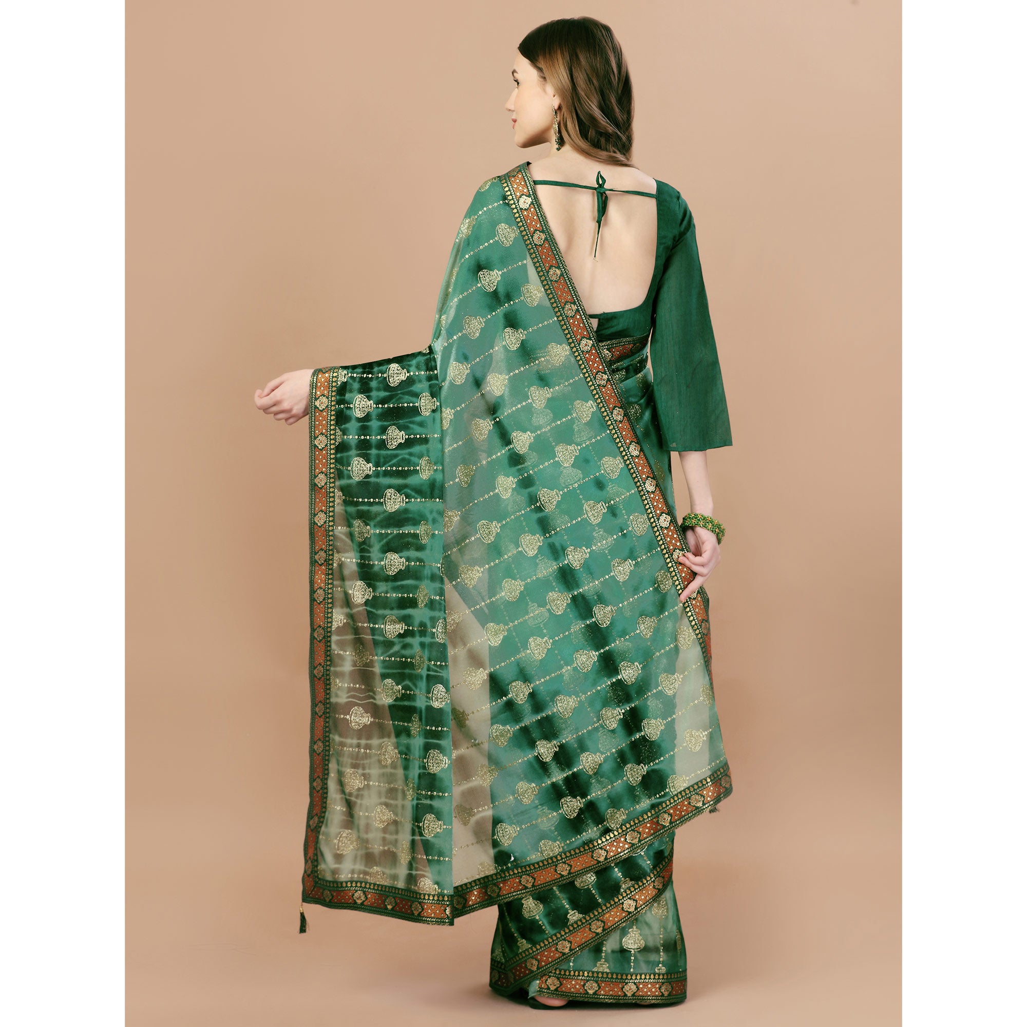 Dark Green Foil Printed Lycra Saree With Lace Border