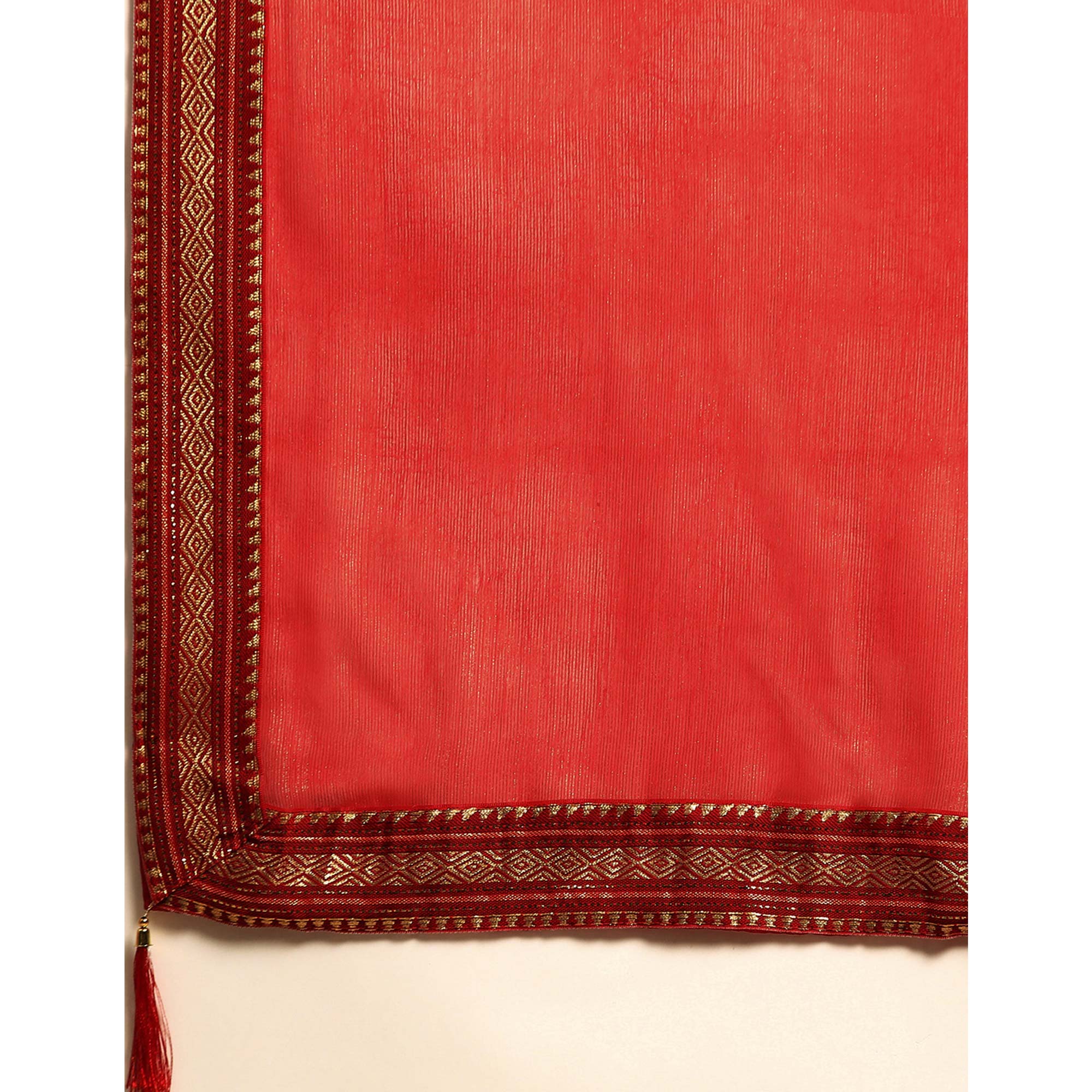 Red Solid With Woven Border Chiffon Saree With Tassels