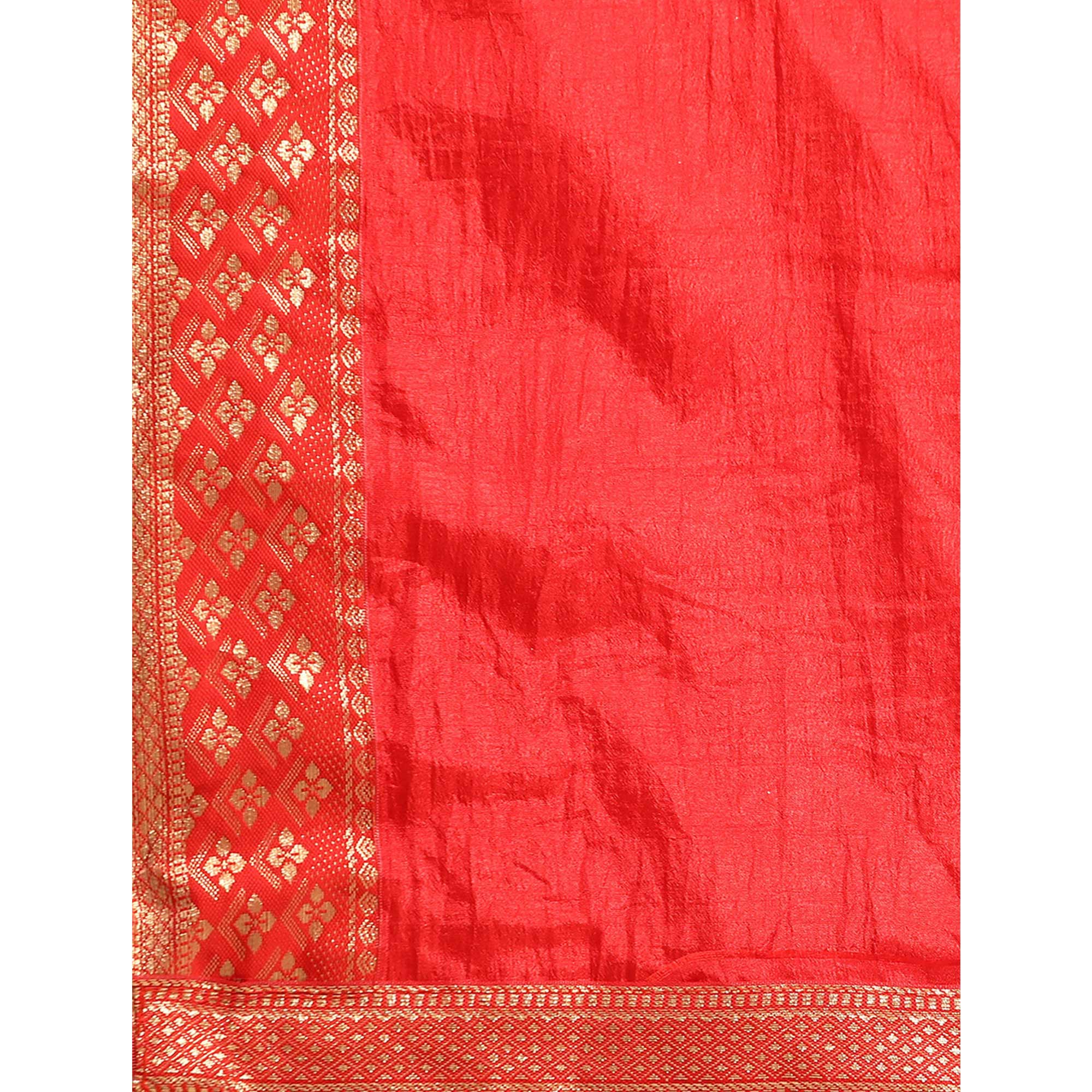 Red Solid Vichitra Silk Saree With Zari Border