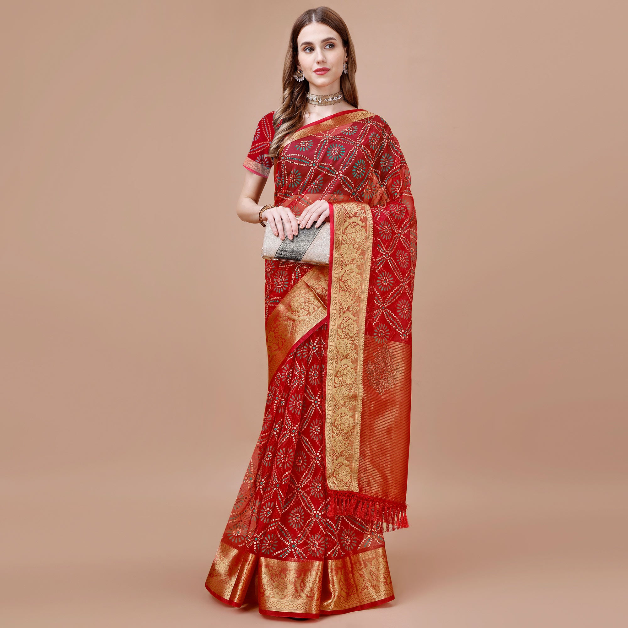 Red Bandhani Printed Organza Saree With Woven Border