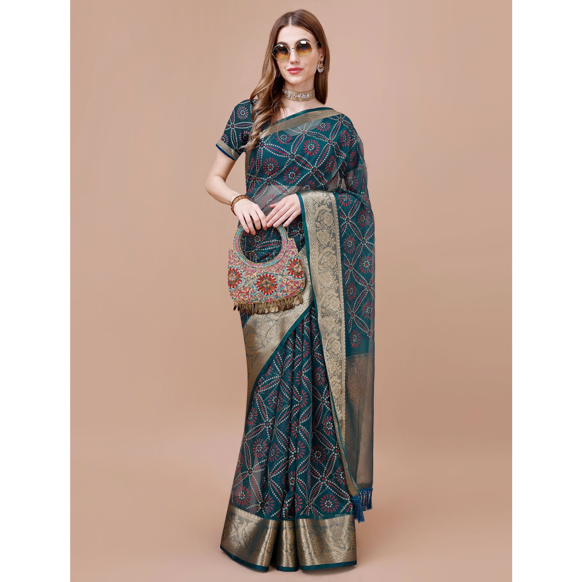 Teal Bandhani Printed Organza Saree With Woven Border