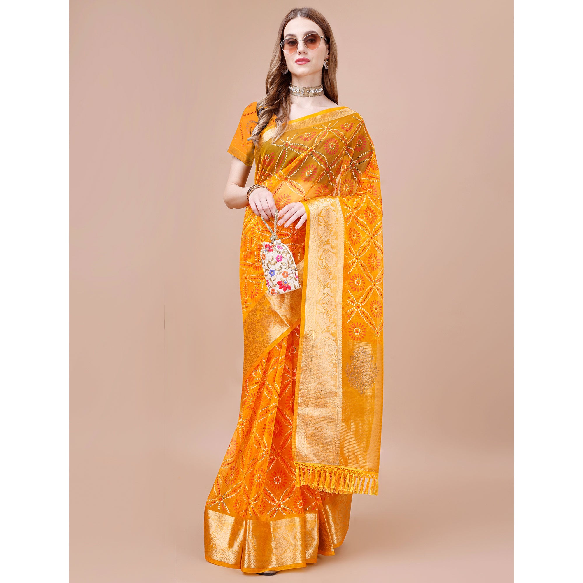 Yellow Bandhani Printed Organza Saree With Woven Border