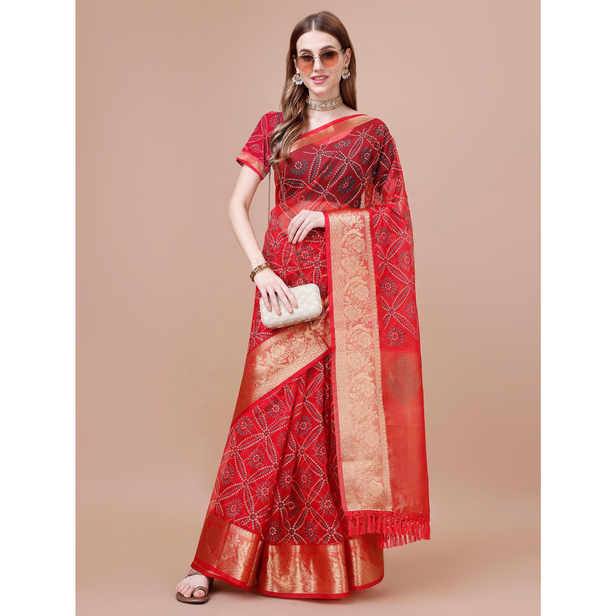 Red Bandhani Printed Organza Saree With Woven Border