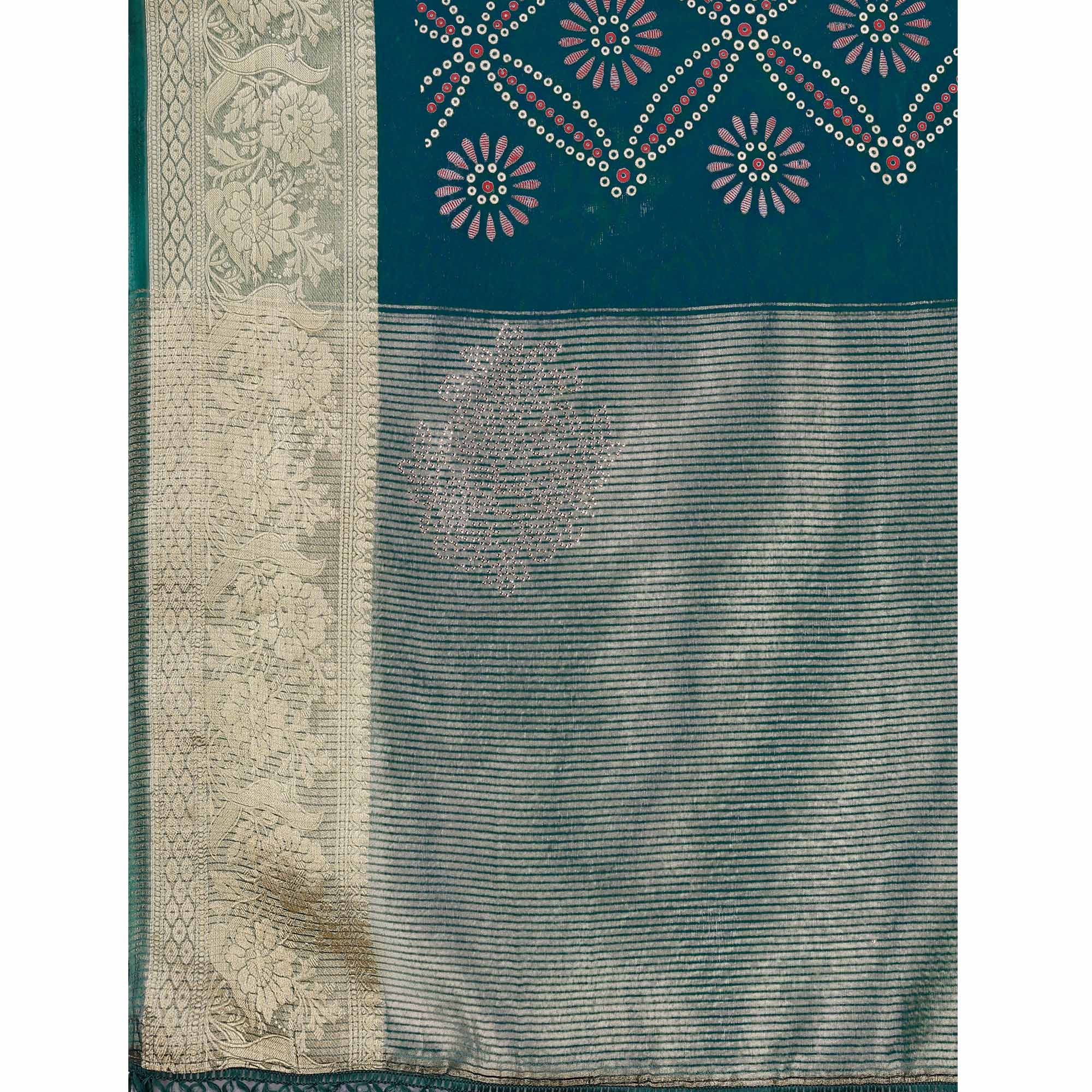 Green Bandhani Printed Organza Saree With Woven Border