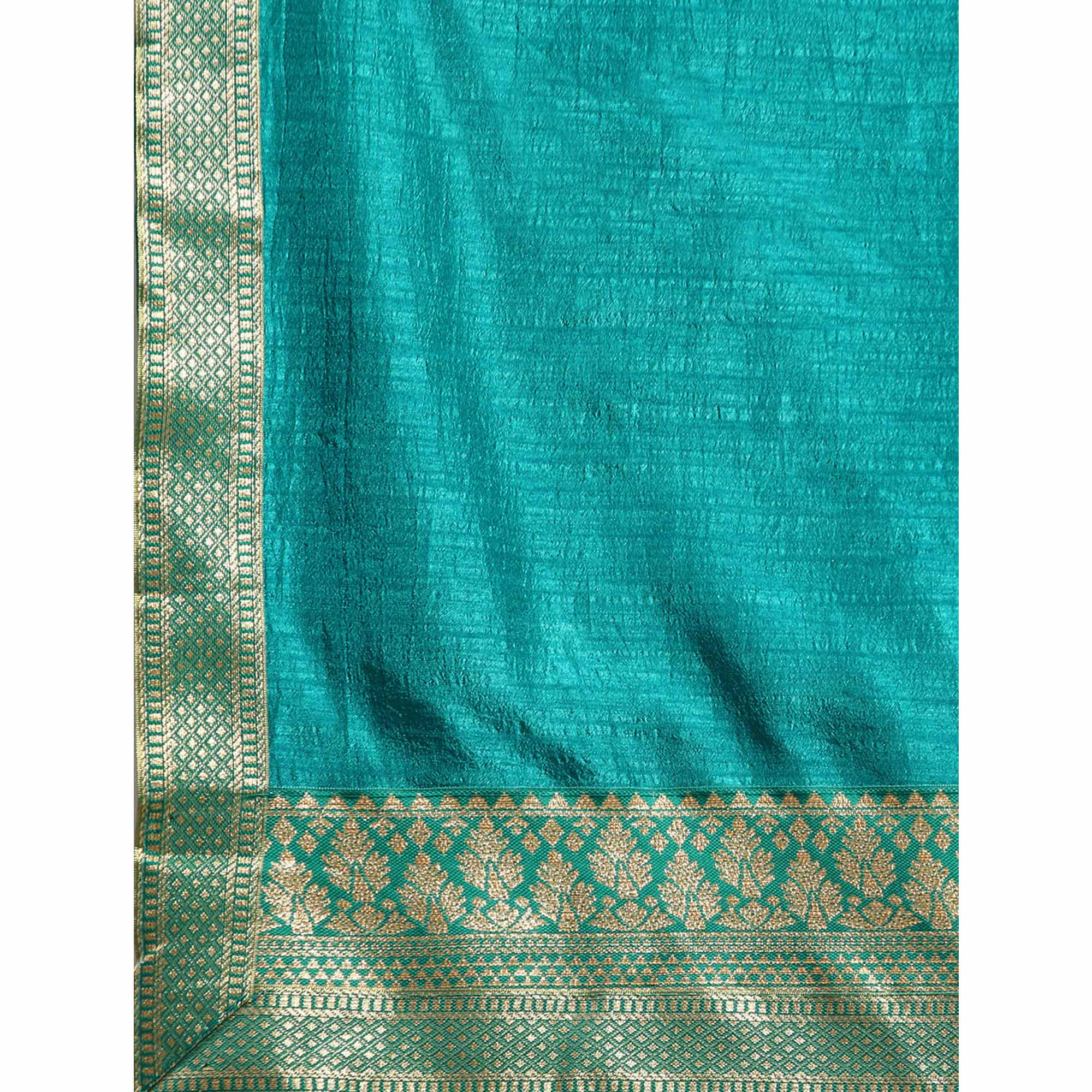 Rama Blue Solid Vichitra Silk Saree With Fancy Zari Border