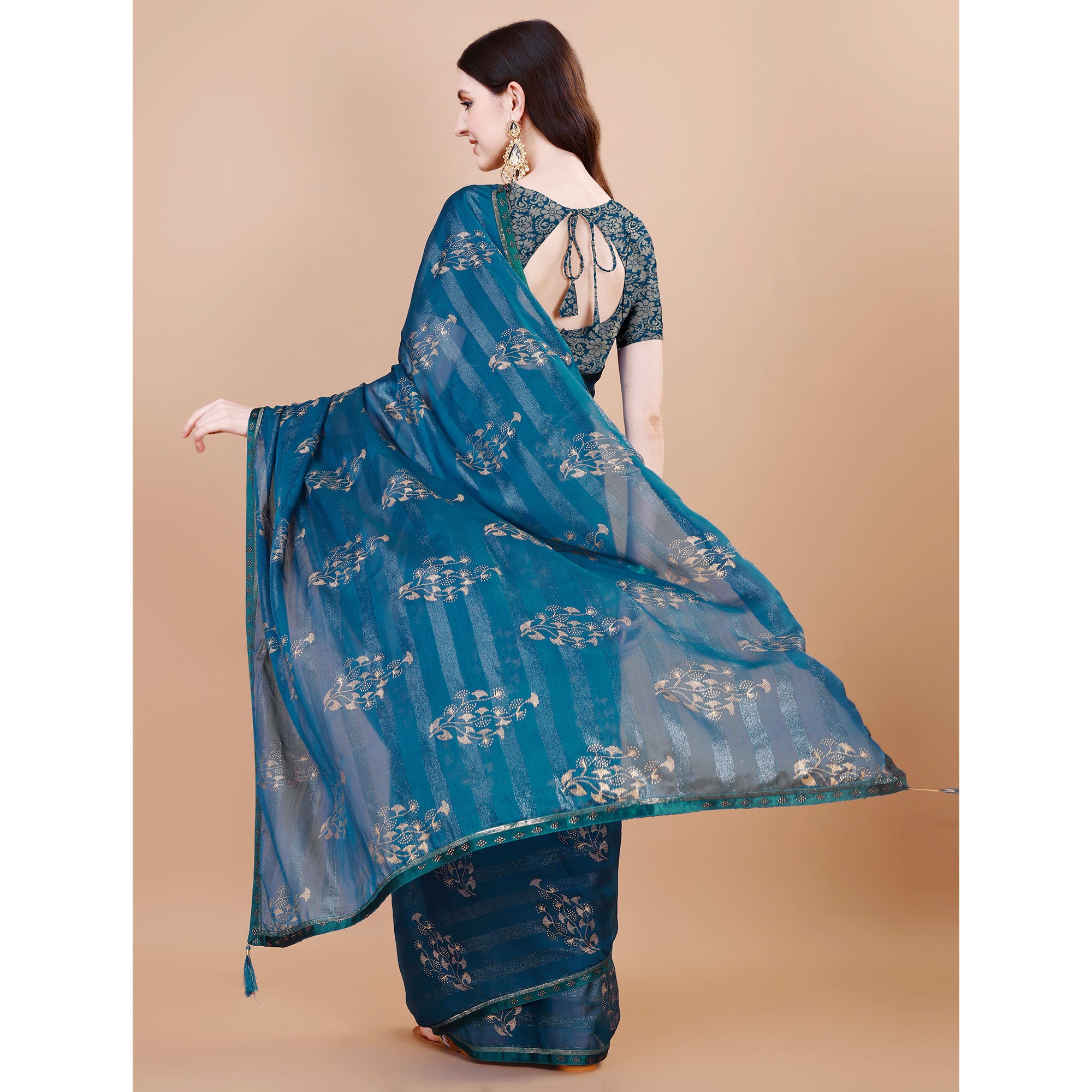 Blue Foil Printed Chiffon Saree With Lace Border