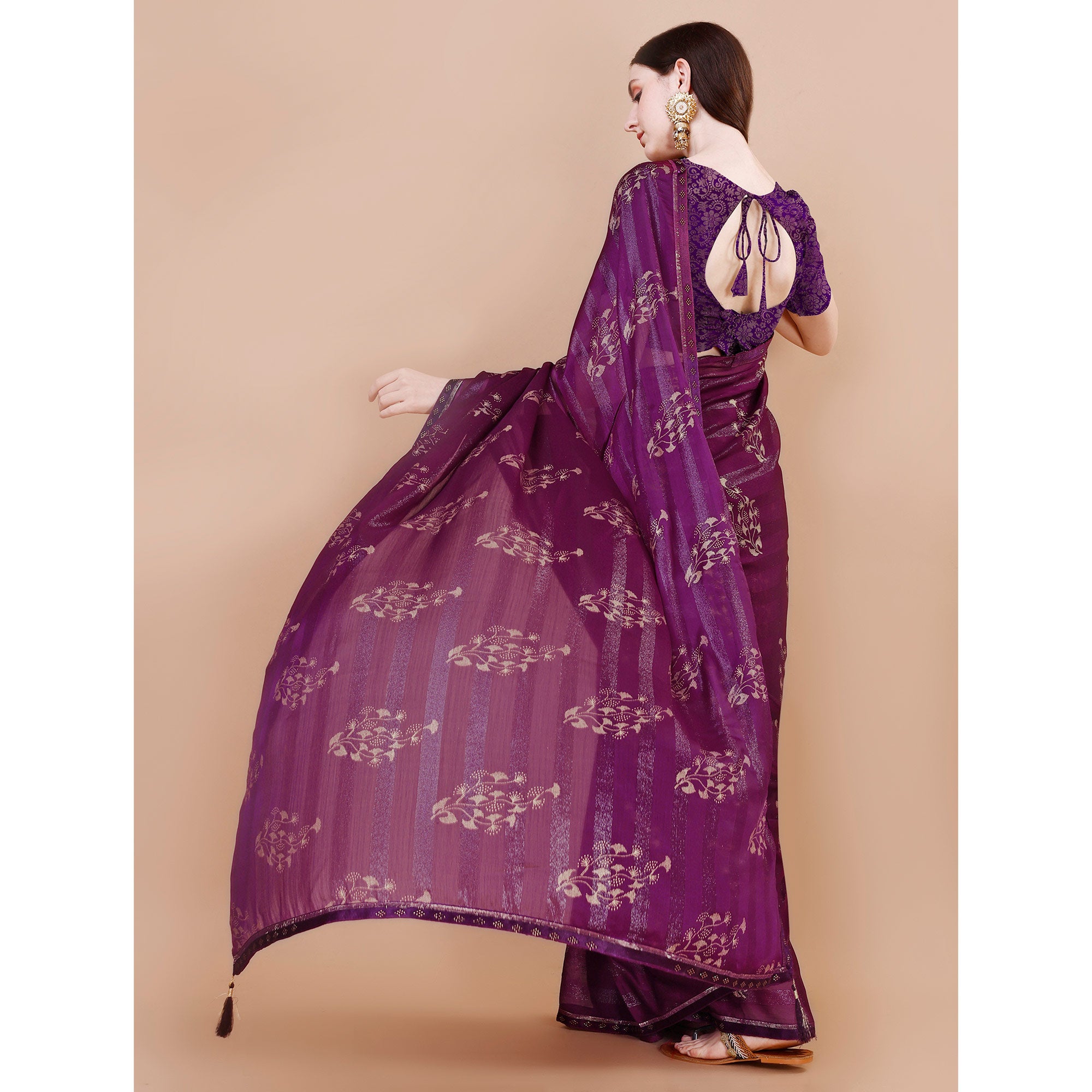 Purple Foil Printed Chiffon Saree With Lace Border