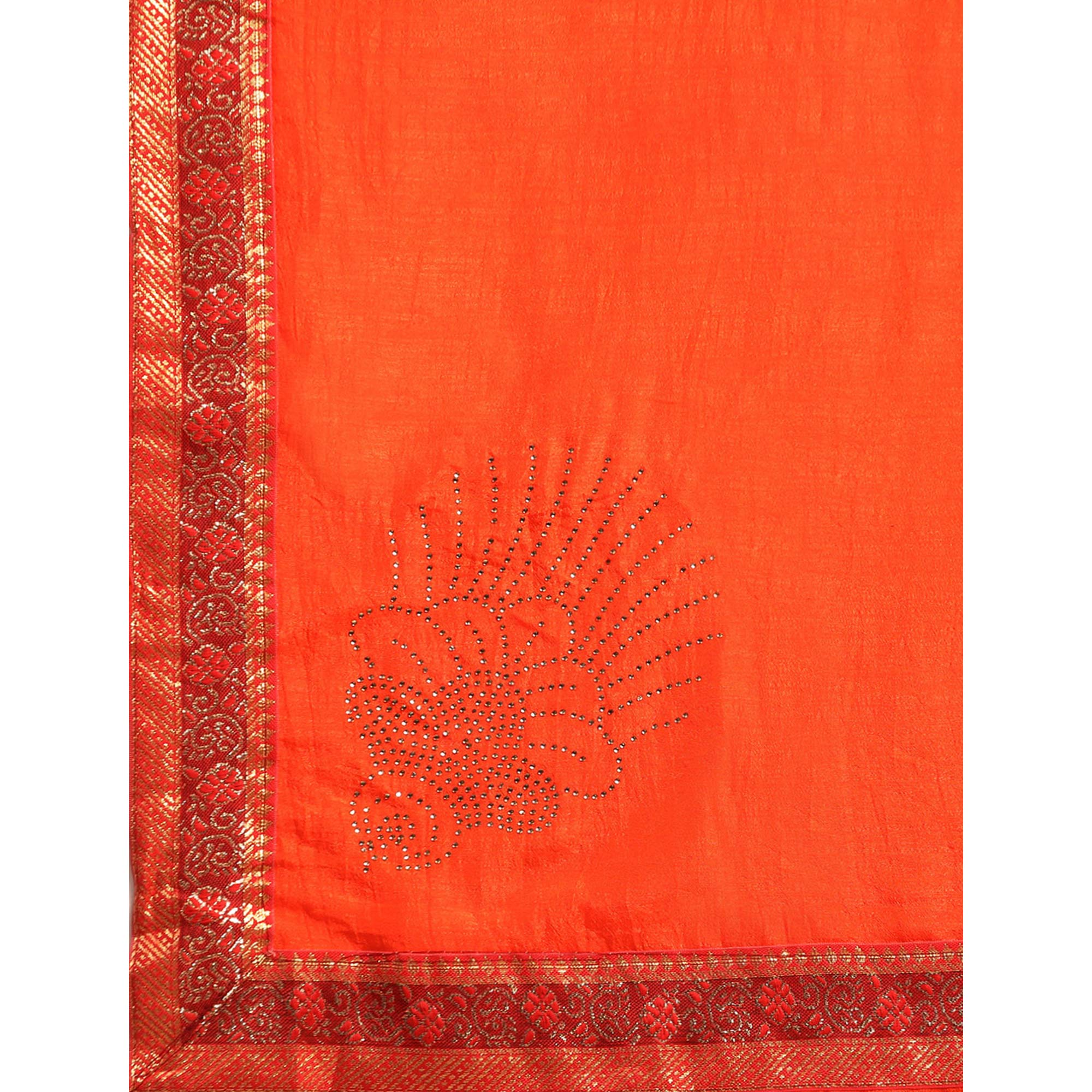 Orange Swarovski Work Vichitra Silk Saree With Fancy Border