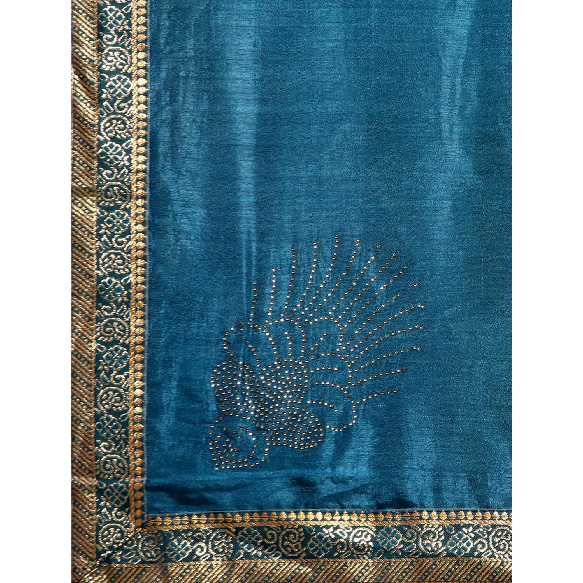 Blue Swarovski Work Vichitra Silk Saree With Fancy Border