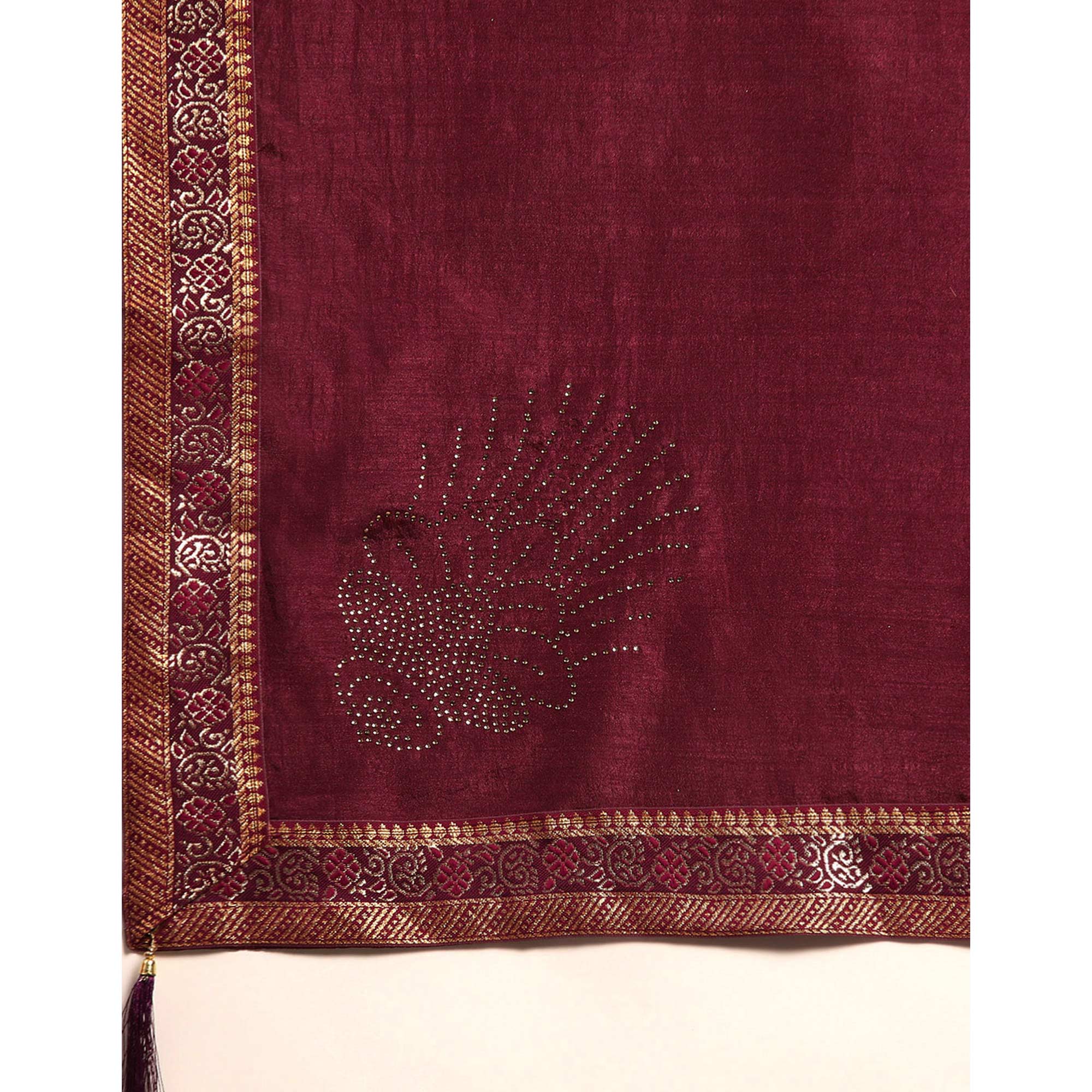 Wine Swarovski Work Vichitra Silk Saree With Fancy Border