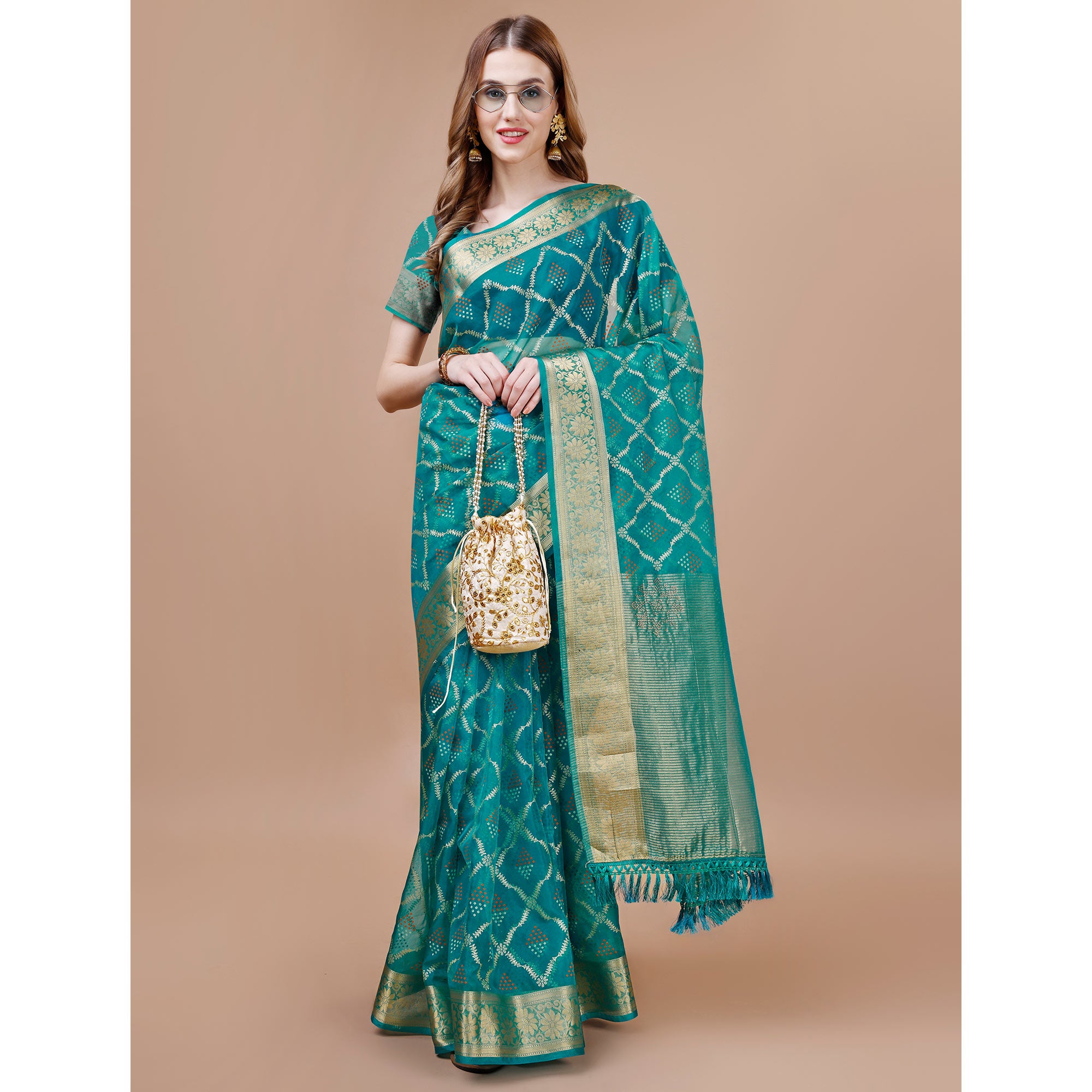 Rama Blue Bandhani Printed Organza Saree With Woven Border