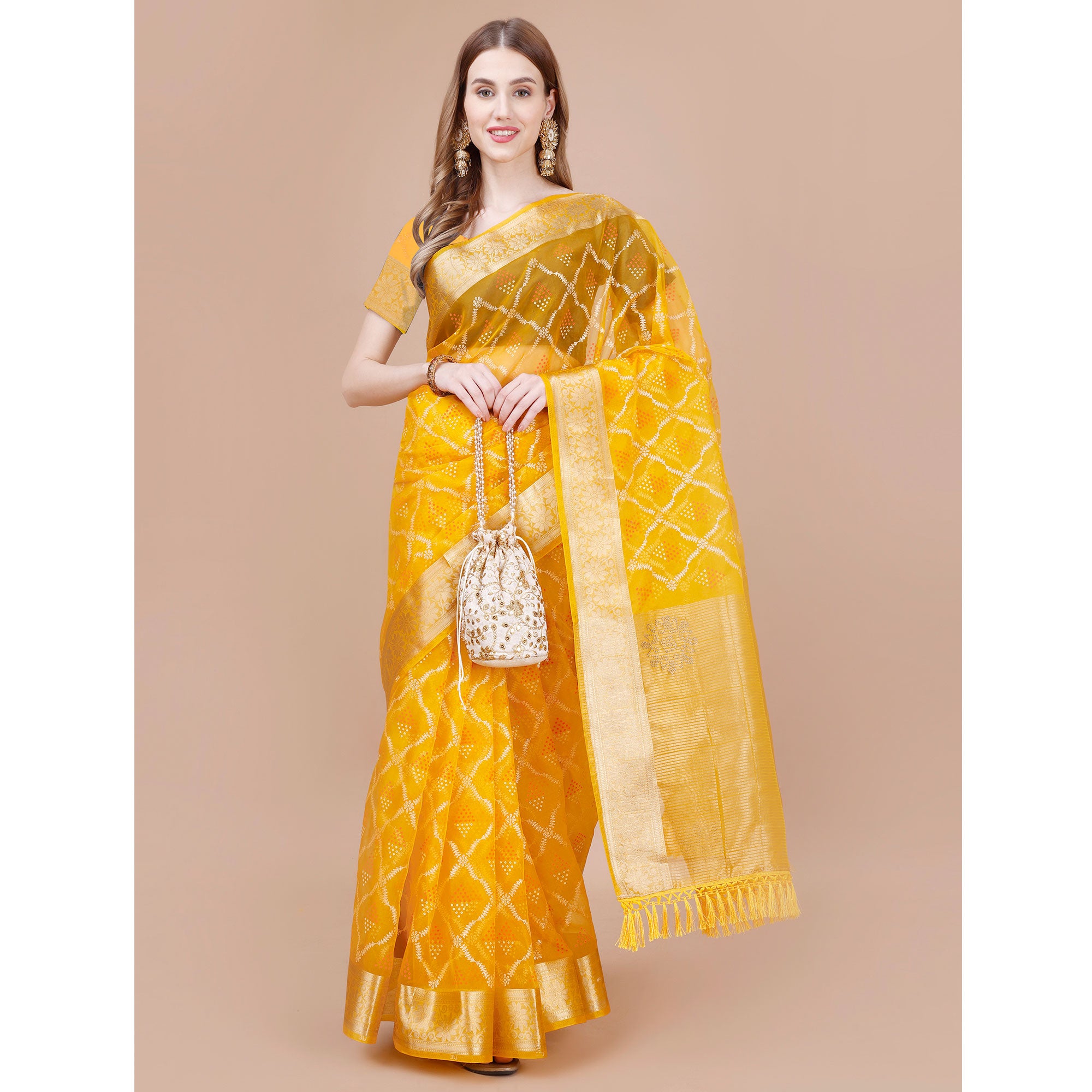 Yellow Bandhani Printed Organza Saree With Woven Border