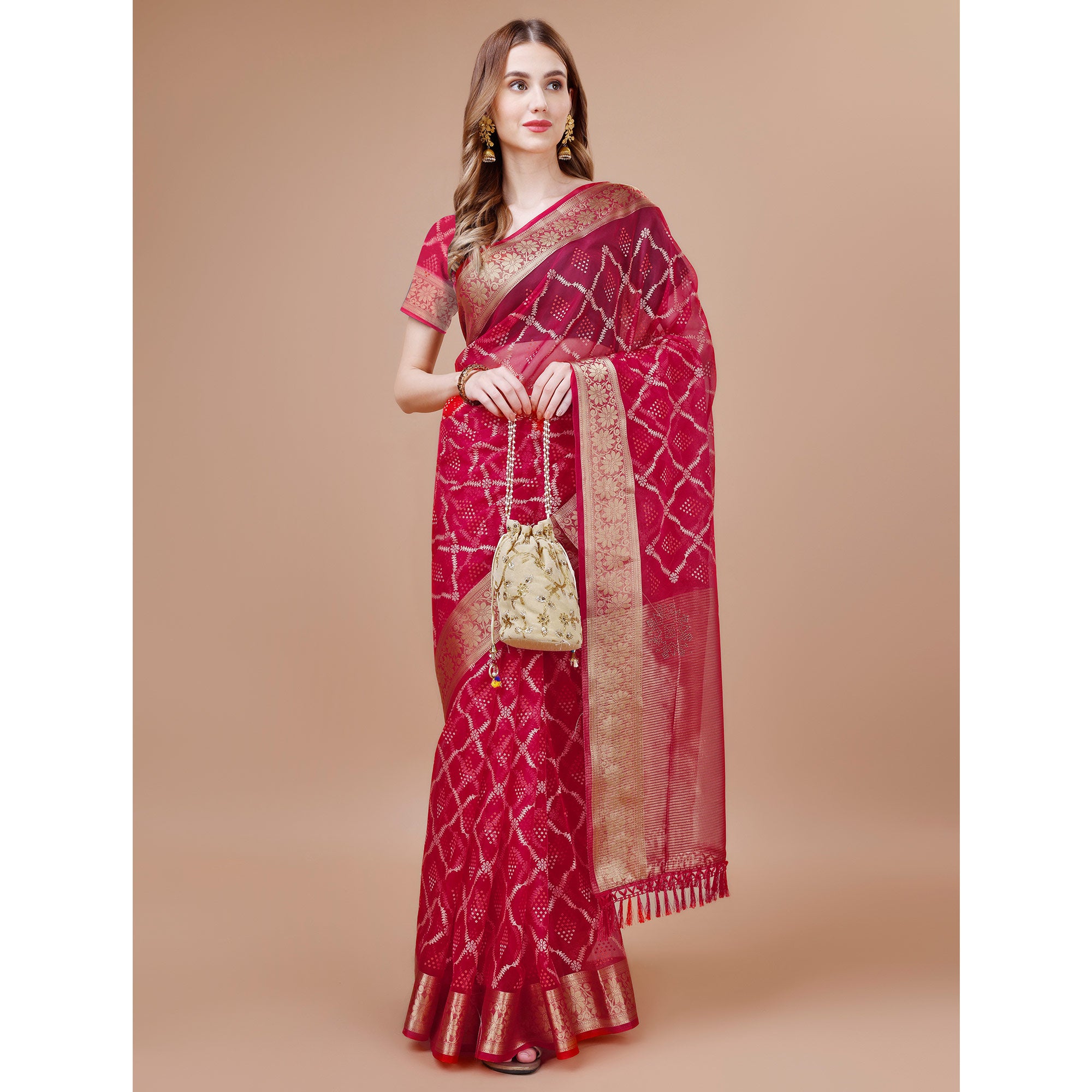 Rani Pink Bandhani Printed Organza Saree With Woven Border