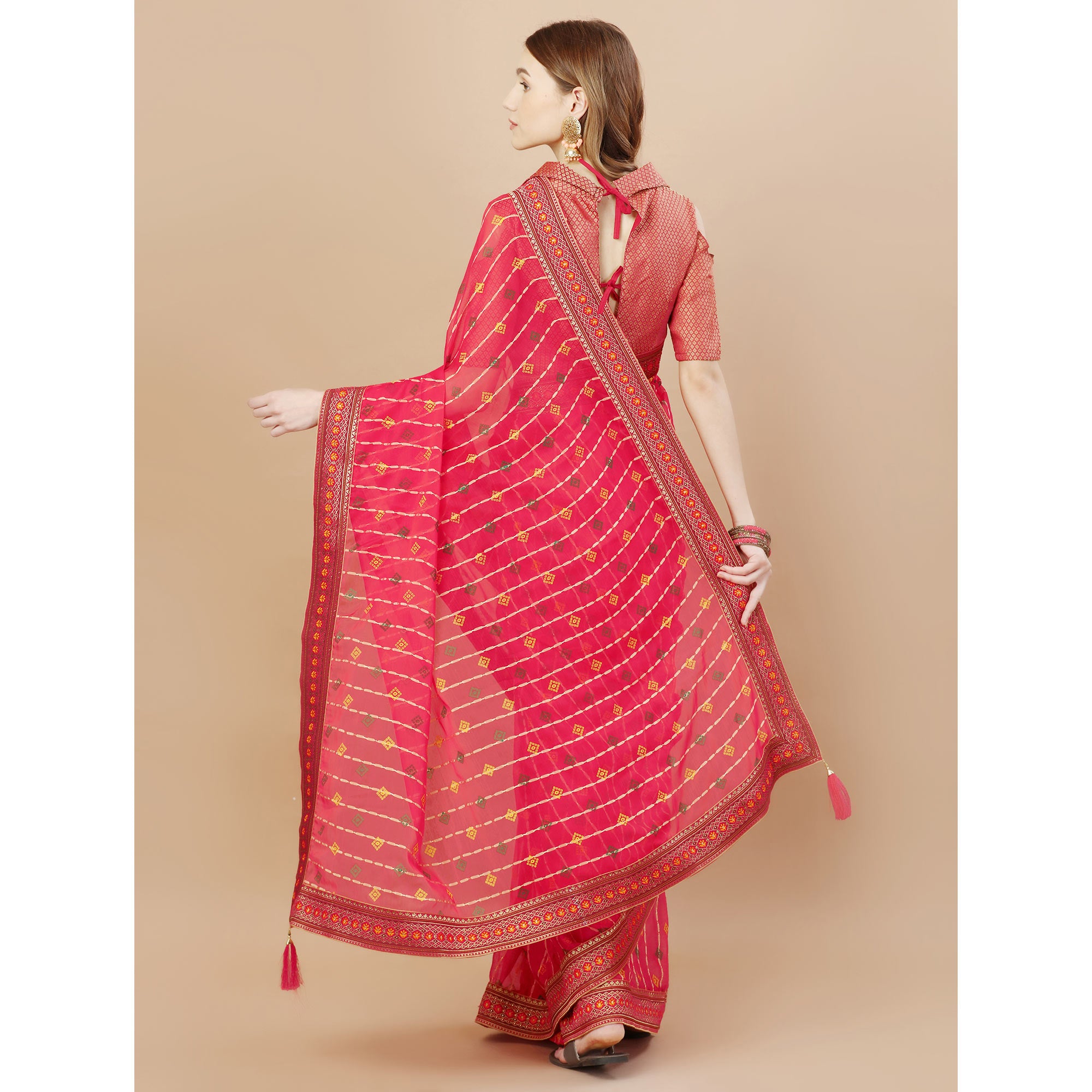 Pink Foil Printed Chiffon Saree With Lace Border