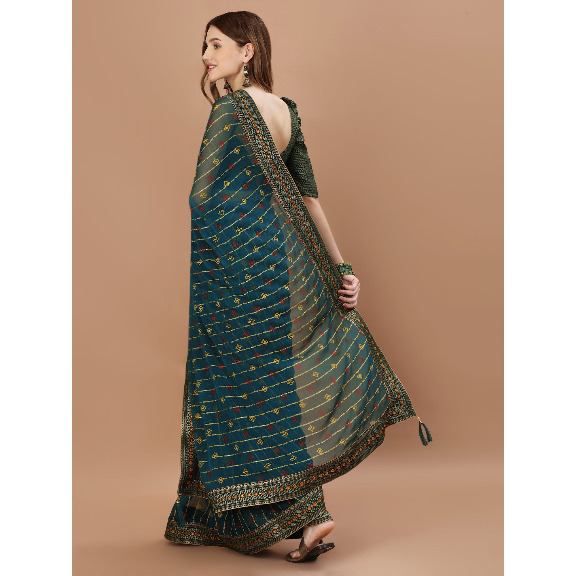 Blue Foil Printed Chiffon Saree With Lace Border