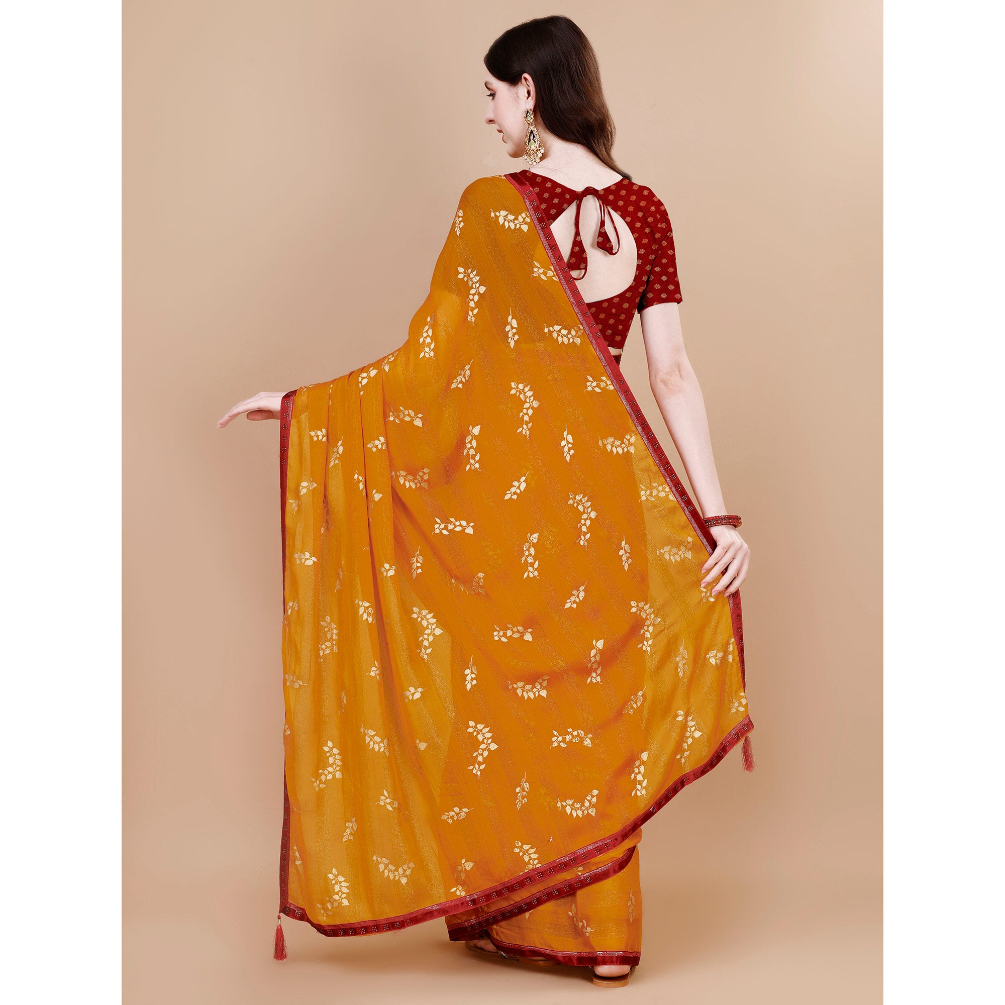 Mustard Foil Printed Chiffon Saree With Lace Border