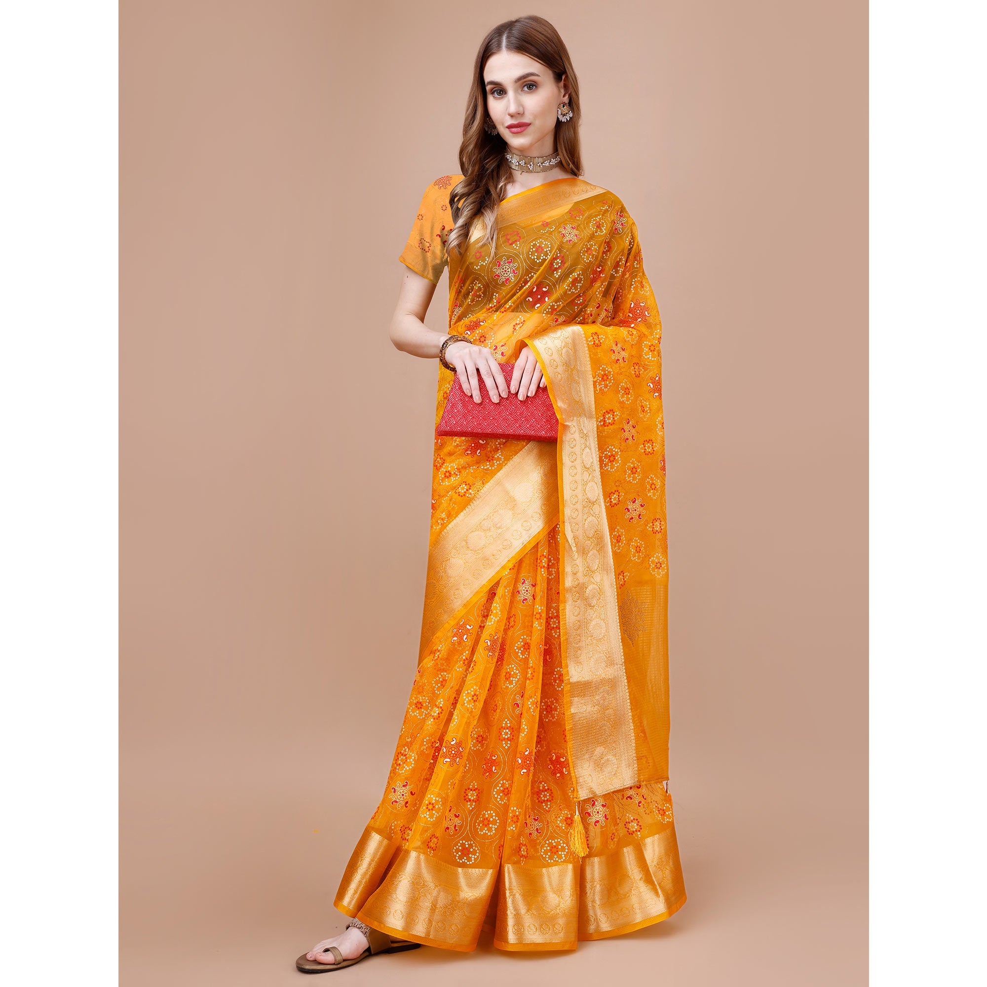 Yellow Bandhani Printed Organza Saree With Woven Border