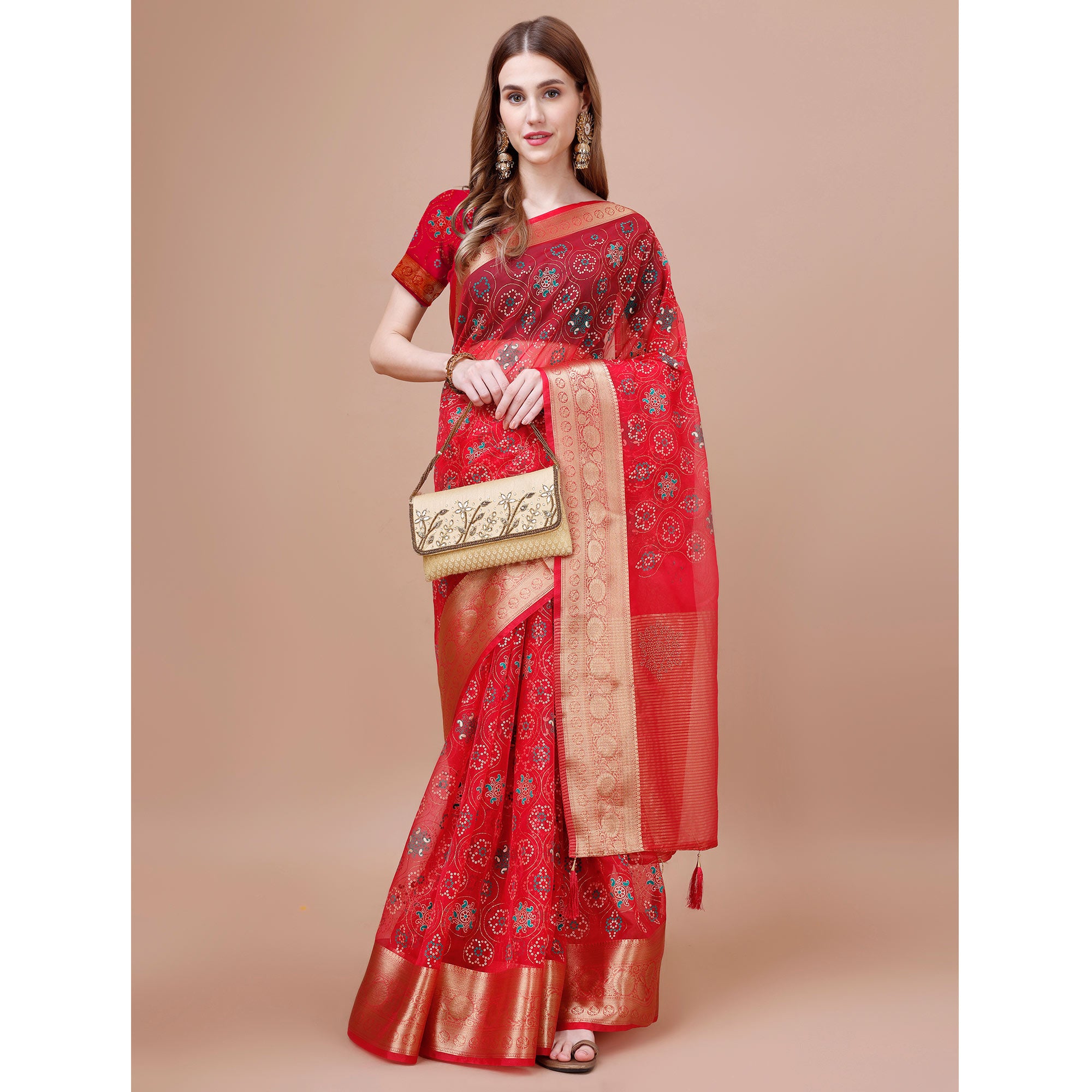 Red Bandhani Printed Organza Saree With Woven Border