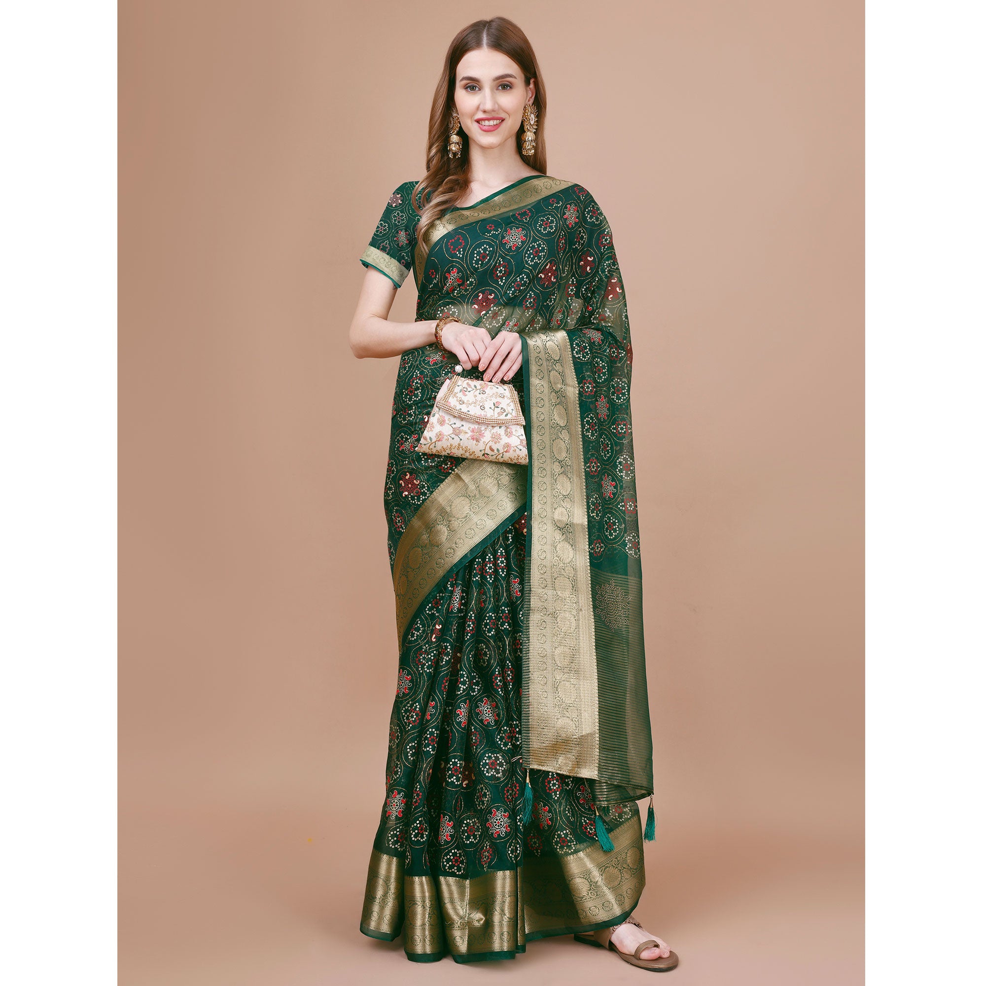 Green Bandhani Printed Organza Saree With Woven Border